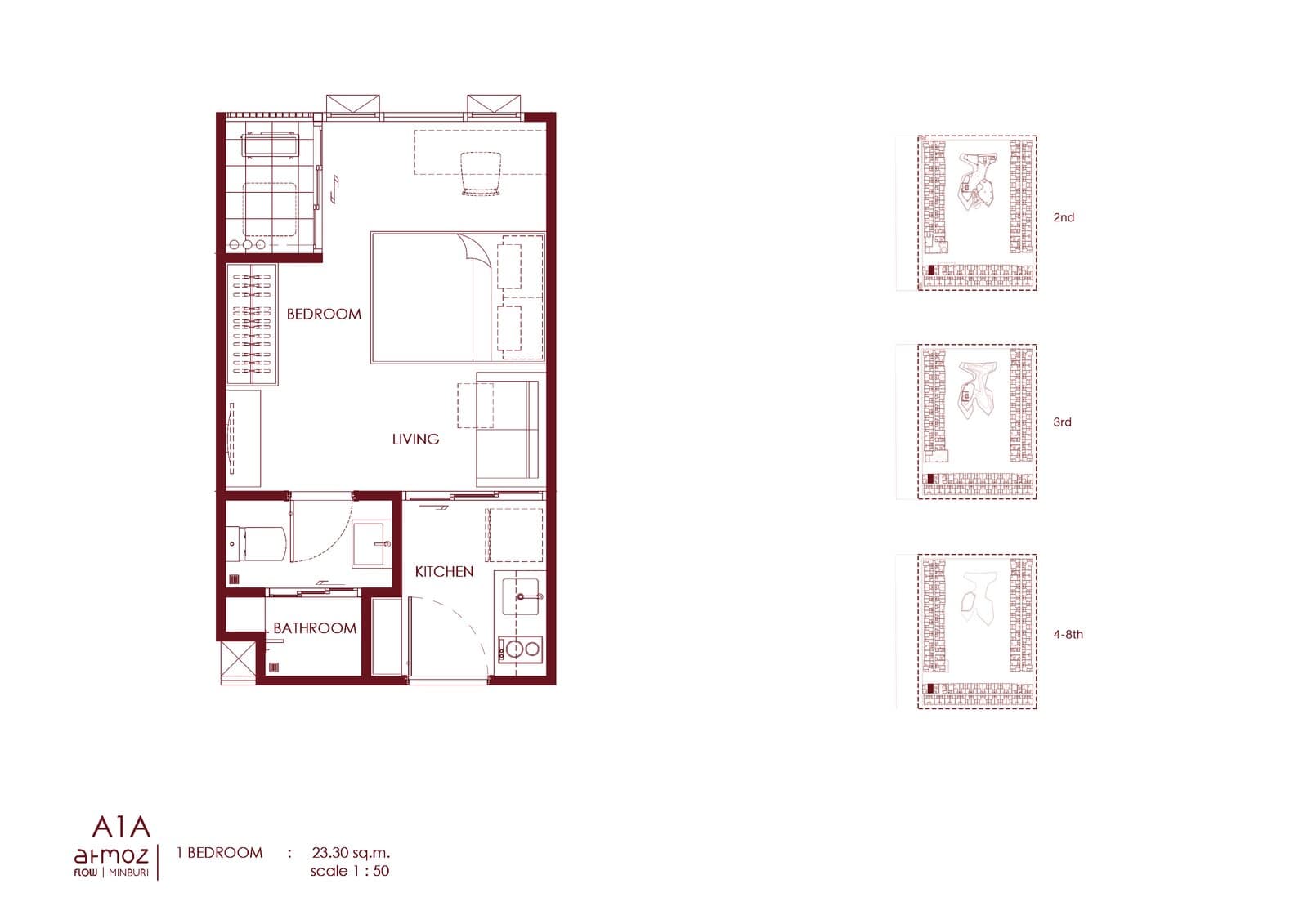 Type A1A — 1 Bedroom, 23.30 sq.m. — Illustrative unit-type layout — dimensions to be confirmed