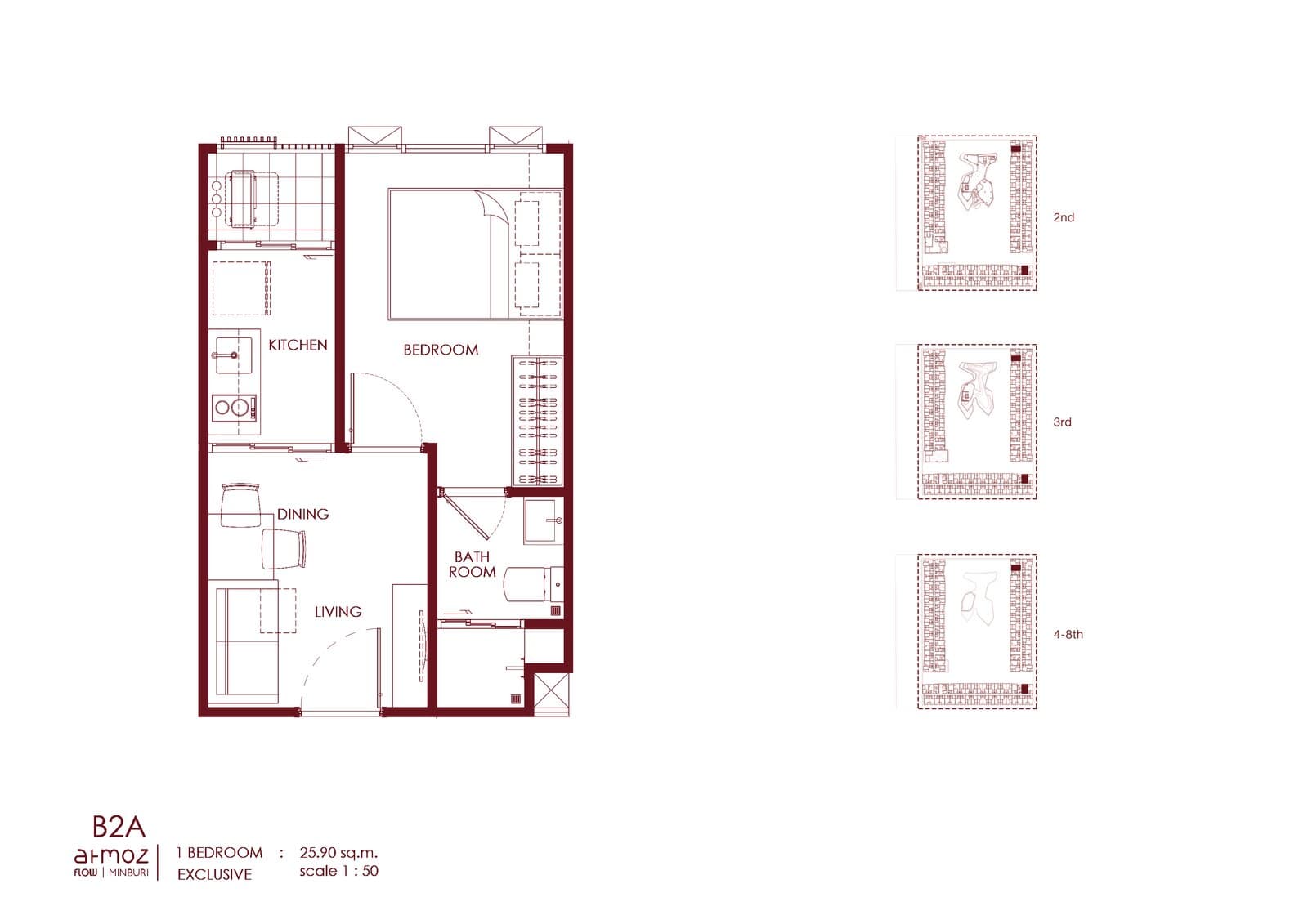 Type B2A — 1 Bedroom Exclusive, 25.90 sq.m. — Illustrative unit-type layout — dimensions to be confirmed