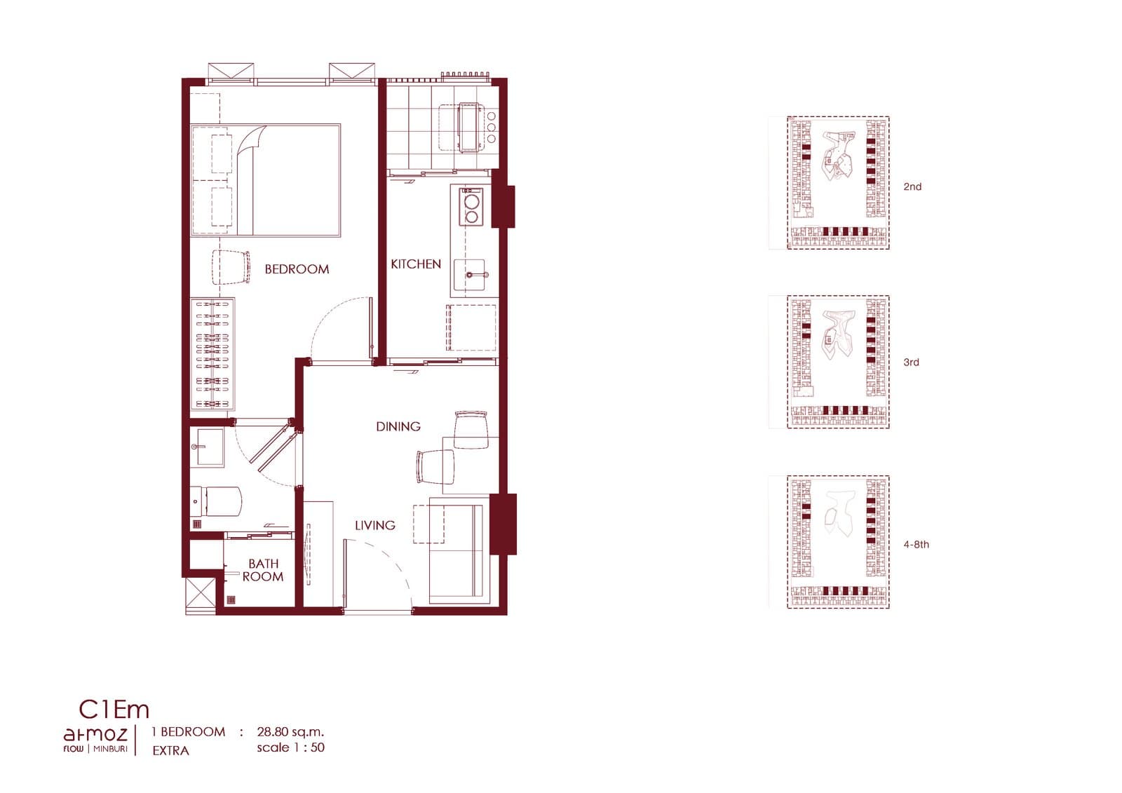 Type C1Em — 1 Bedroom Extra, 28.80 sq.m. — Illustrative unit-type layout — dimensions to be confirmed