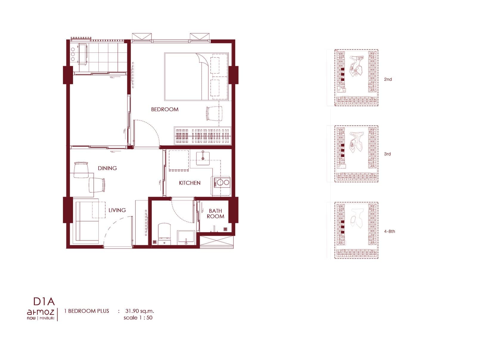 Type D1A — 1 Bedroom Plus, 31.90 sq.m. — Illustrative unit-type layout — dimensions to be confirmed