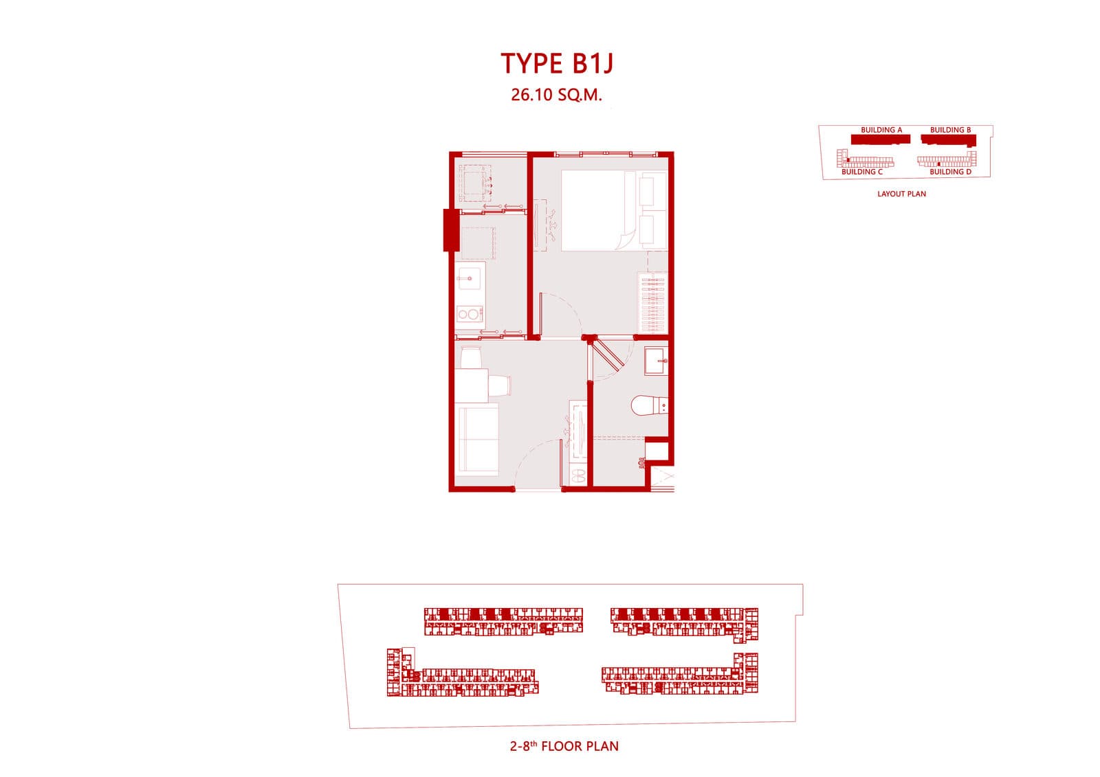 Type B1J — 1 Bedroom Exclusive, 26.10 sq.m. — Illustrative unit-type layout — dimensions to be confirmed