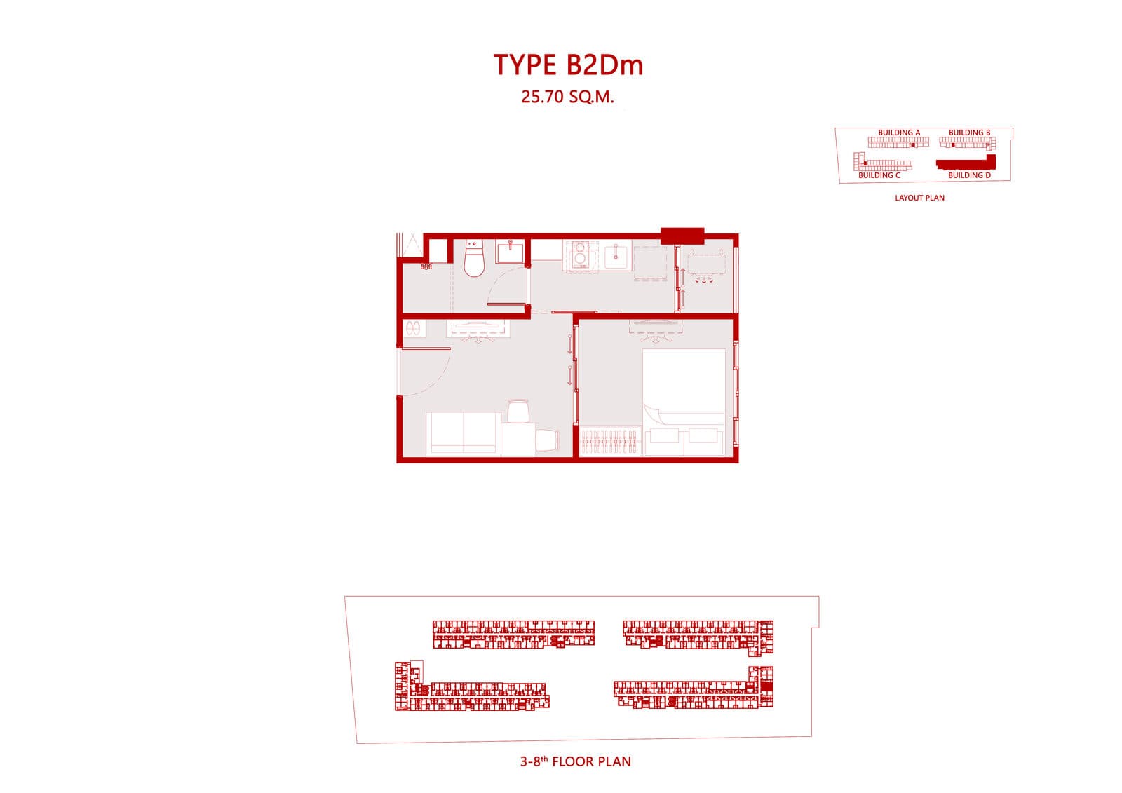 Type B2Dm — 1 Bedroom Exclusive, 25.70 sq.m. — Illustrative unit-type layout — dimensions to be confirmed
