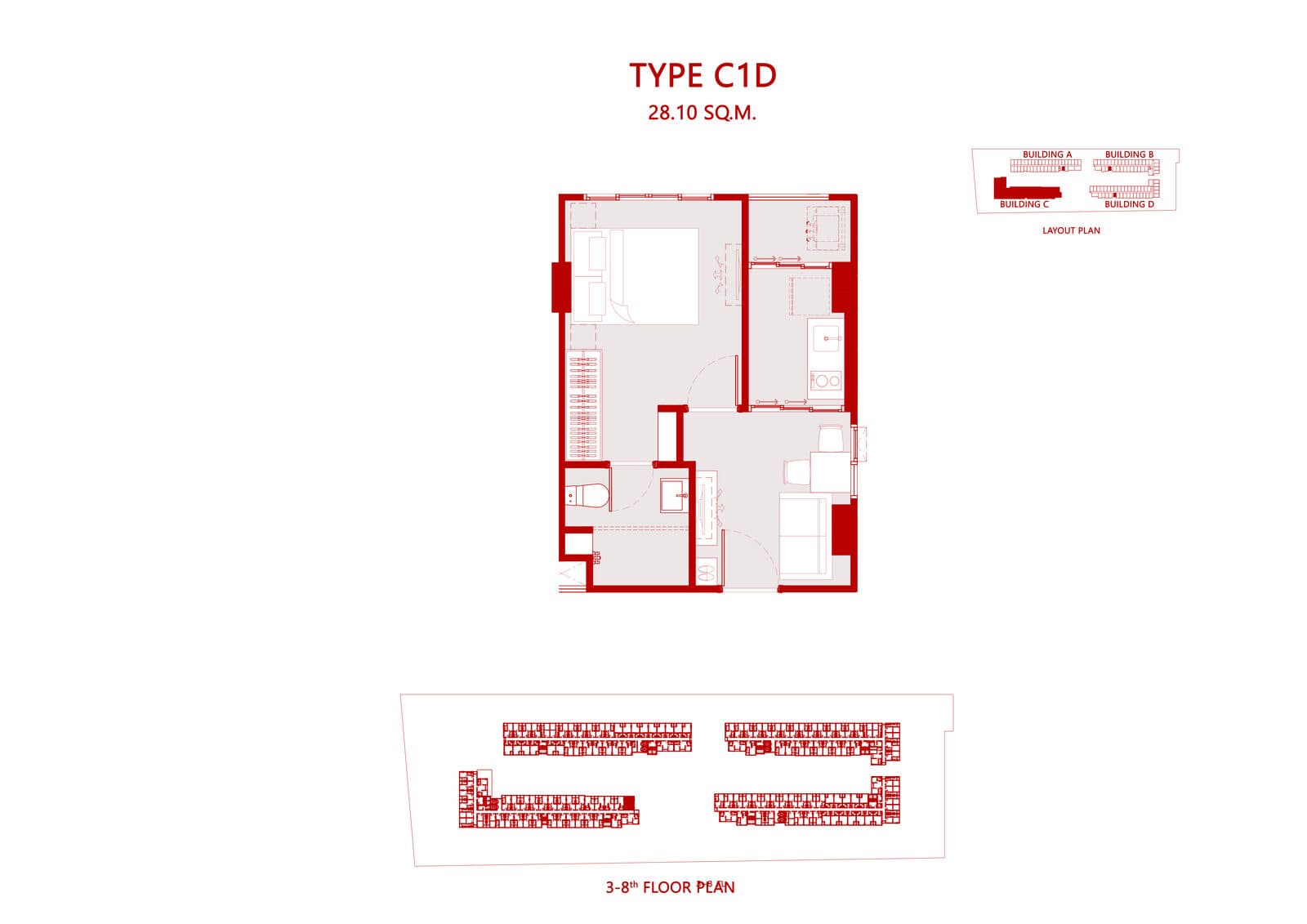 Type C1D — 1 Bedroom Extra, 28.10 sq.m. — Illustrative unit-type layout — dimensions to be confirmed