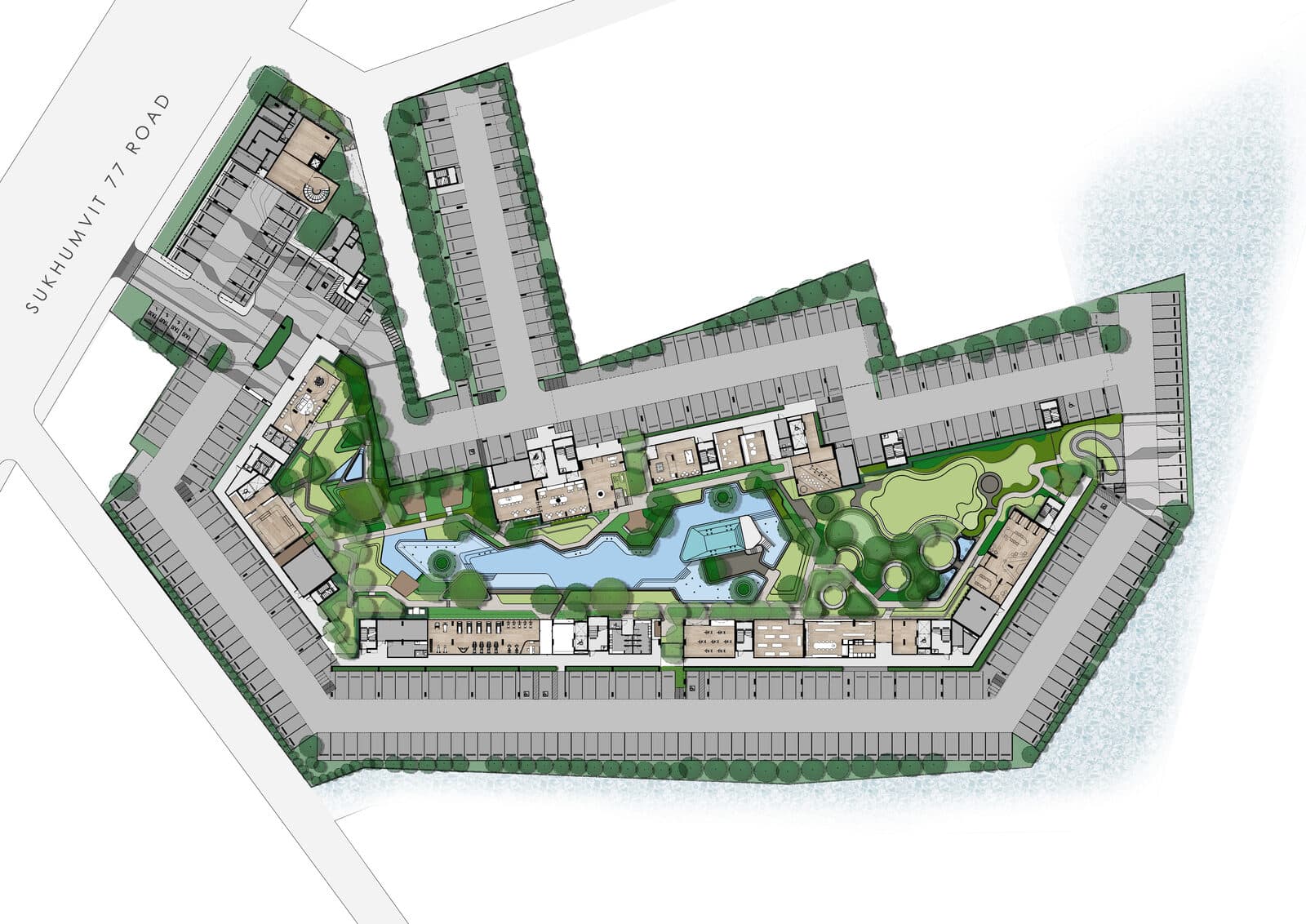 Ground-floor site layout — 5 residential buildings around the lagoon pool and garden facilities — Illustrative unit-type layout — dimensions to be confirmed