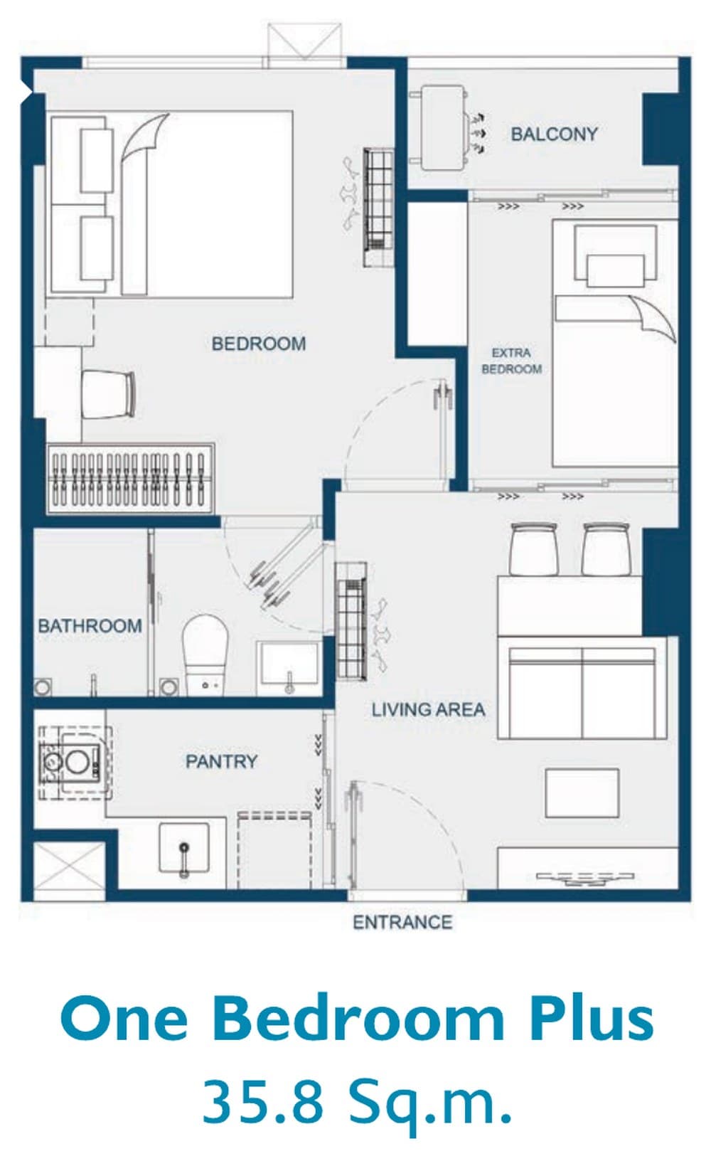 One Bedroom Plus — 35.8 sq.m. — Illustrative unit-type layout — dimensions to be confirmed