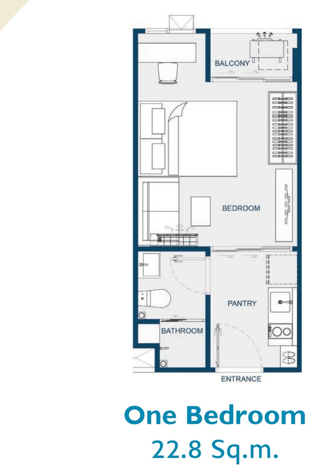 One Bedroom — 22.8 sq.m. — Illustrative unit-type layout — dimensions to be confirmed