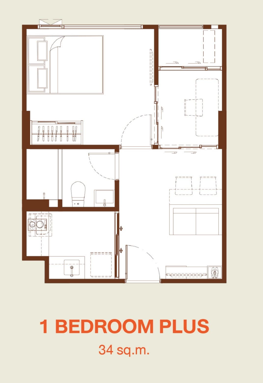 1 Bedroom Plus — 34 sq.m. — Illustrative unit-type layout — dimensions to be confirmed