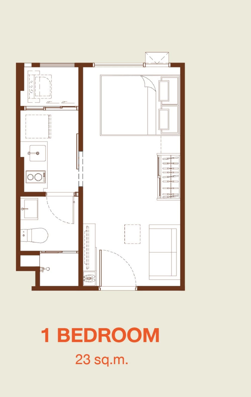 1 Bedroom — 23 sq.m. — Illustrative unit-type layout — dimensions to be confirmed