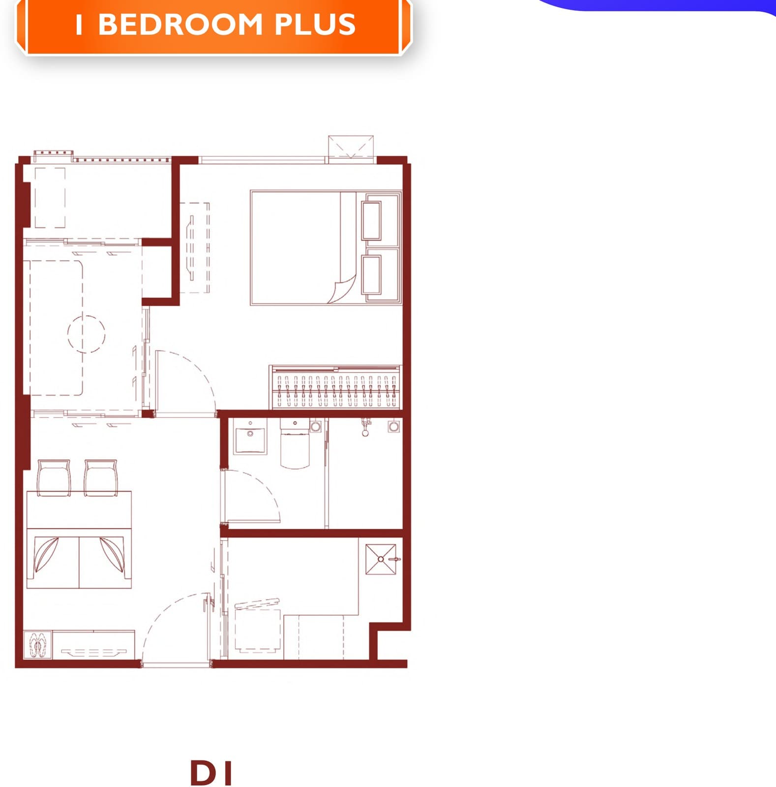 Type D1 — 1 Bedroom Plus, 34.50 sq.m. — Illustrative unit-type layout — dimensions to be confirmed