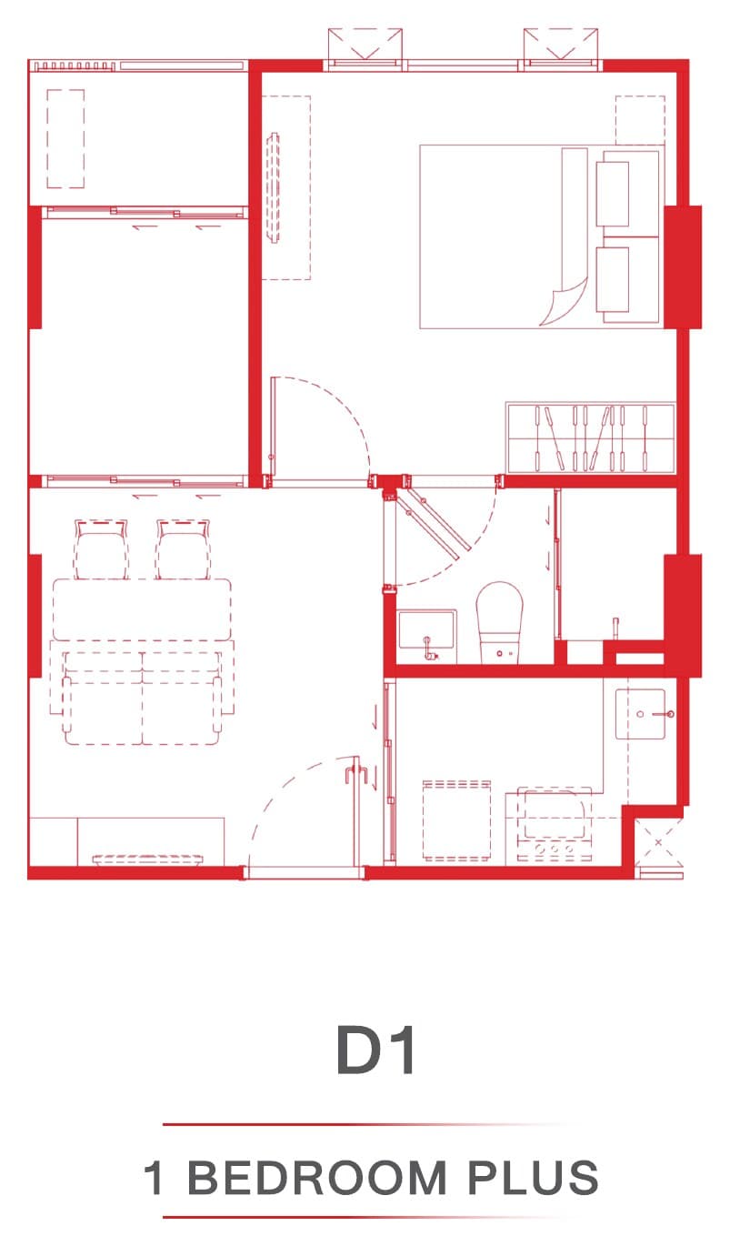 1 Bedroom Plus — Illustrative unit-type layout — dimensions to be confirmed