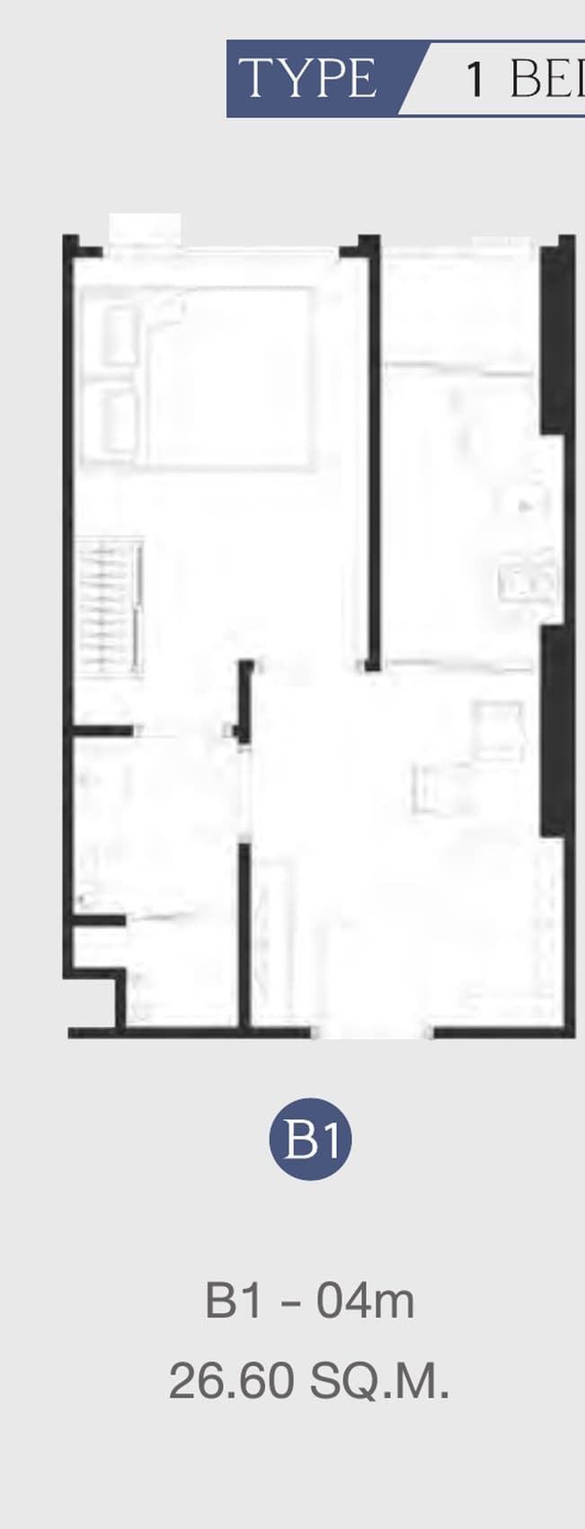 Type B1 — One Bedroom Exclusive, 26.60 sq.m. — Illustrative unit-type layout — dimensions to be confirmed