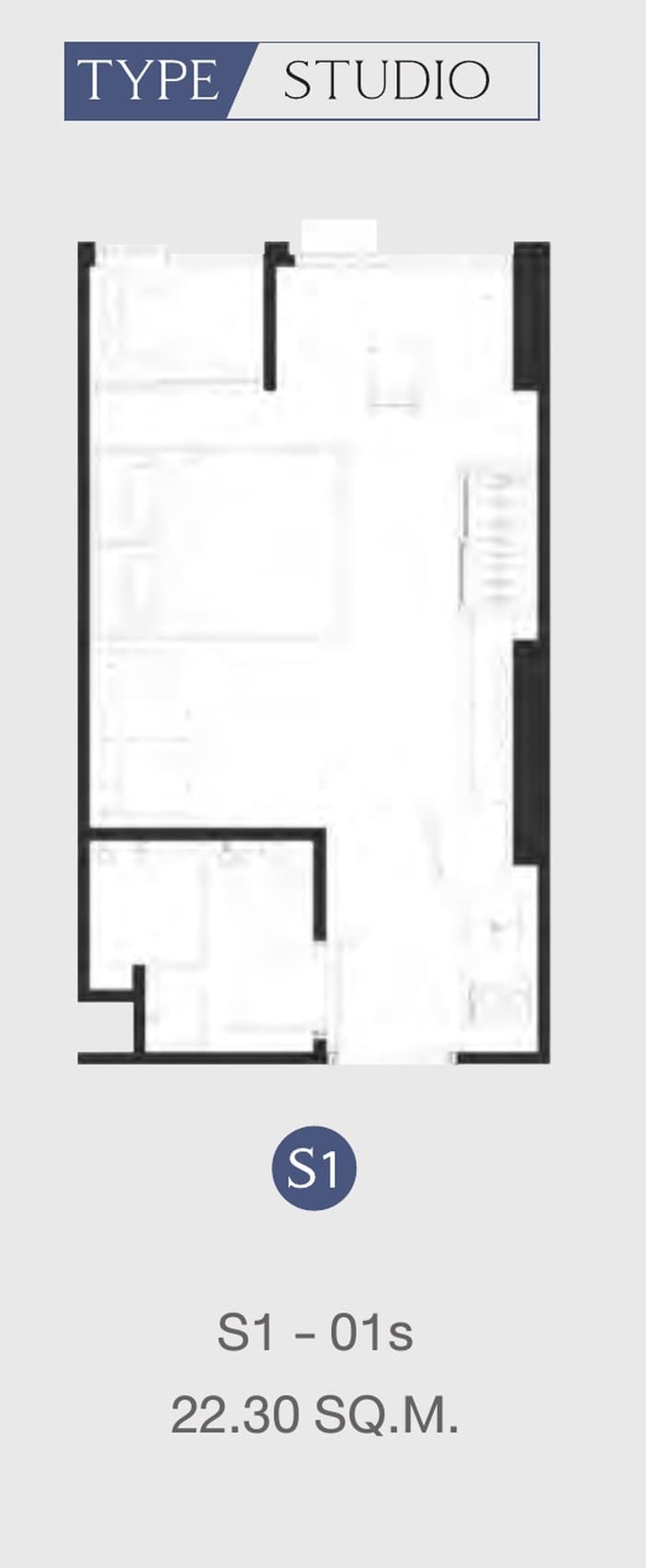 Type S1 — Studio, 22.30 sq.m. — Illustrative unit-type layout — dimensions to be confirmed