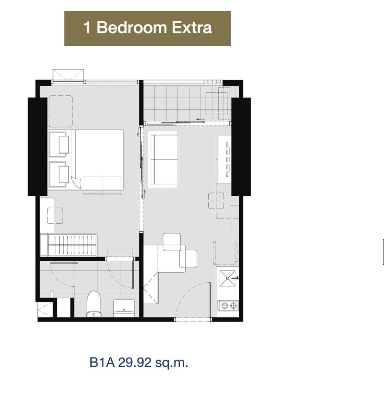 Type B1A — 1 Bedroom Extra, 29.92 sq.m. — Illustrative unit-type layout — dimensions to be confirmed