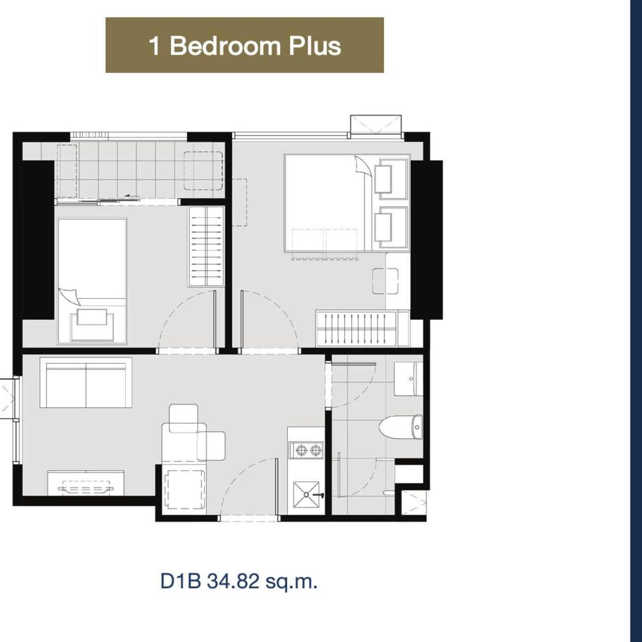 Type D1B — 1 Bedroom Plus, 34.82 sq.m. — Illustrative unit-type layout — dimensions to be confirmed