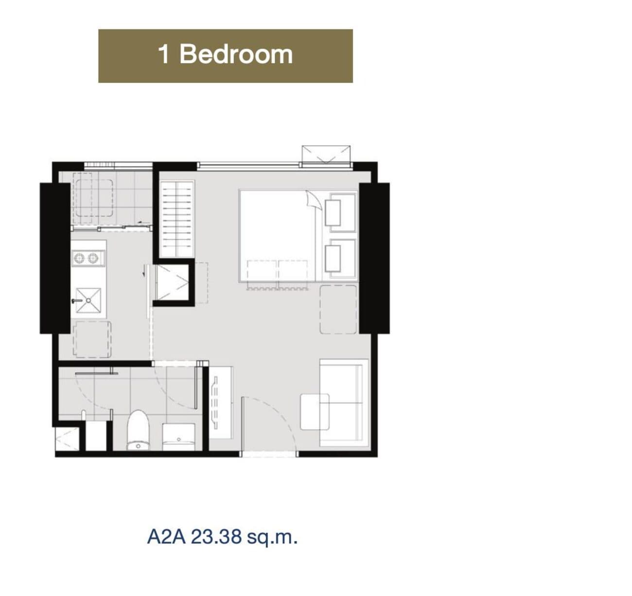 Type A2A — 1 Bedroom, 23.38 sq.m. — Illustrative unit-type layout — dimensions to be confirmed