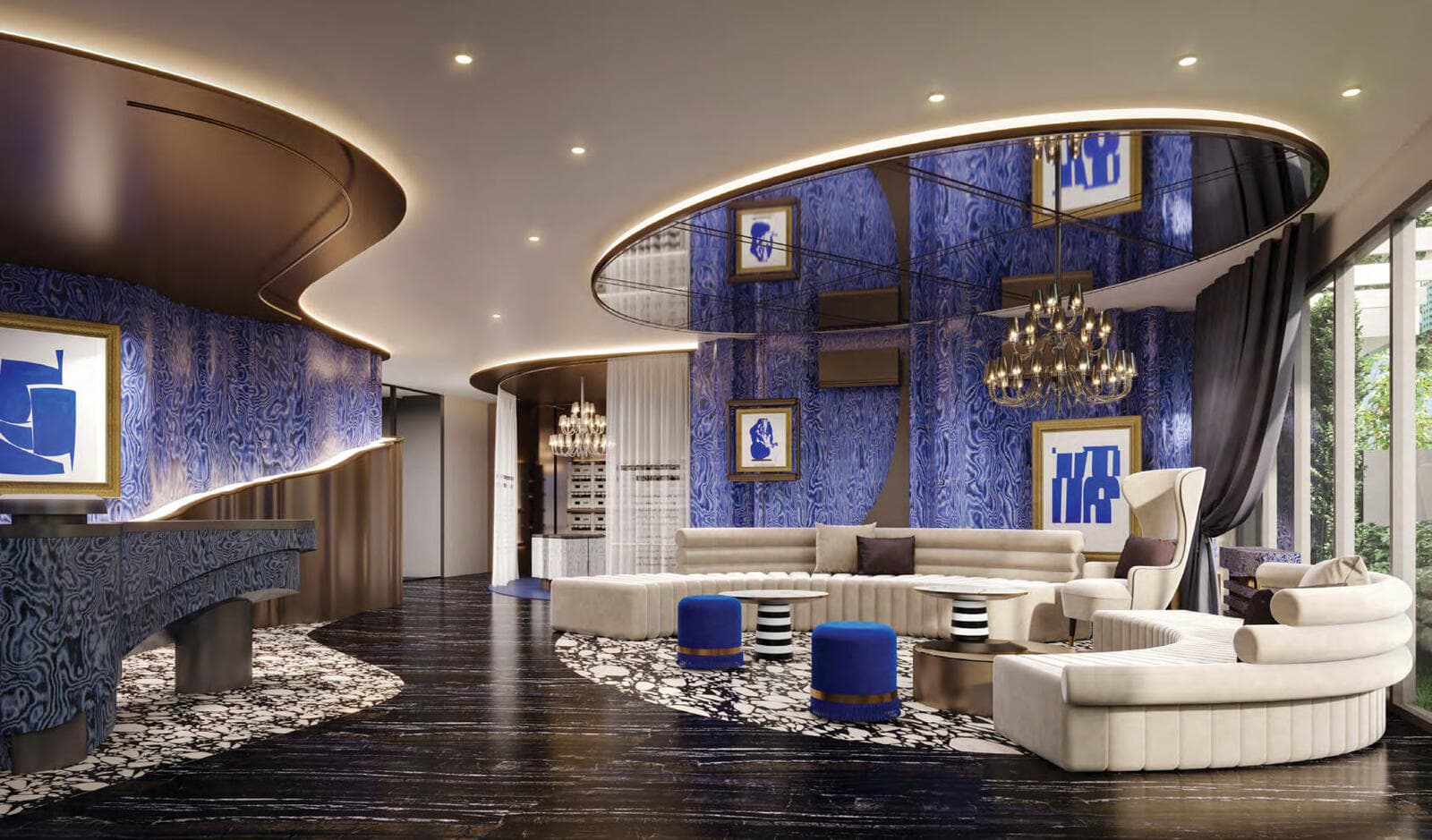 Lobby lounge at Atmoz Canvas Rayong with curved reception counter, blue marbled wall panels, framed artworks, chandelier and cream curved sofas on dark timber flooring (computer-generated render)