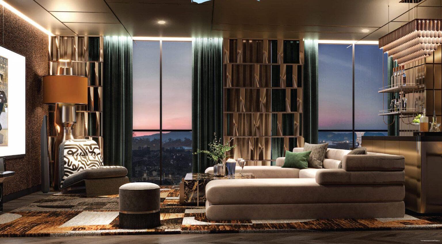 Residents' lounge at Atmoz Canvas Rayong with modular sofa, drinks counter and floor-to-ceiling windows looking out over Rayong at sunset (computer-generated render)