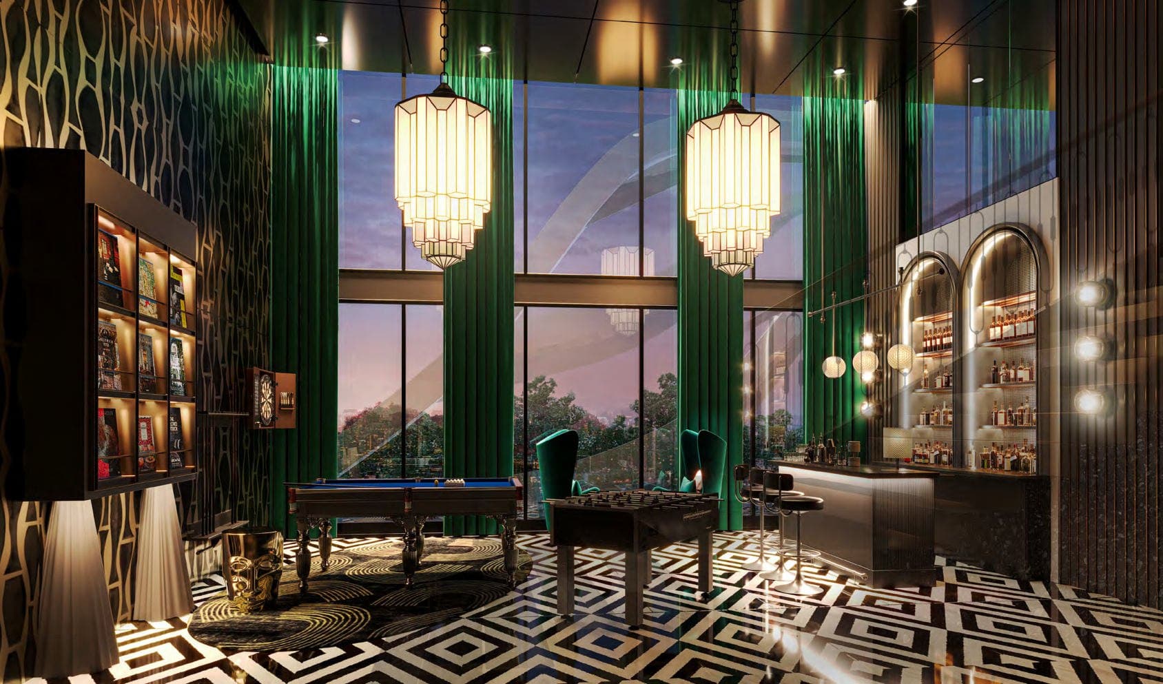 Games room at Atmoz Canvas Rayong, with a pool table, arched green joinery and pendant lanterns over a chequered floor (computer-generated render)