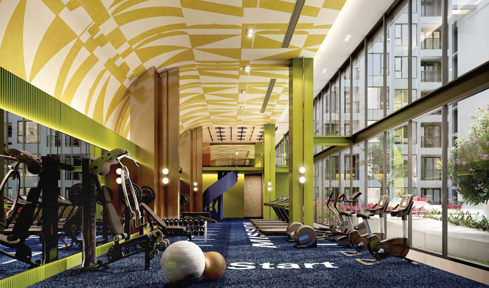 Fitness room at Atmoz Canvas Rayong, with cardio machines, a running-track floor graphic and a barrel-vaulted yellow ceiling (computer-generated render)
