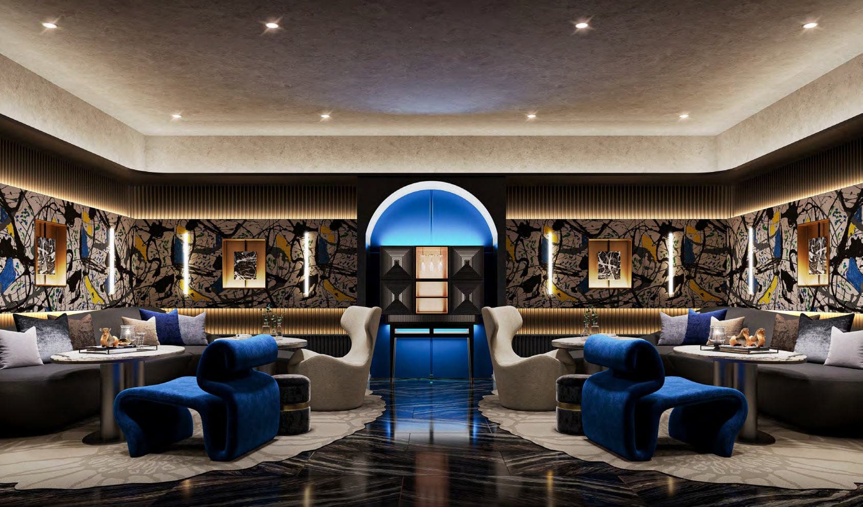 Screening lounge at Atmoz Canvas Rayong, with navy velvet ottomans, an arched alcove and a patterned gallery wall (computer-generated render)