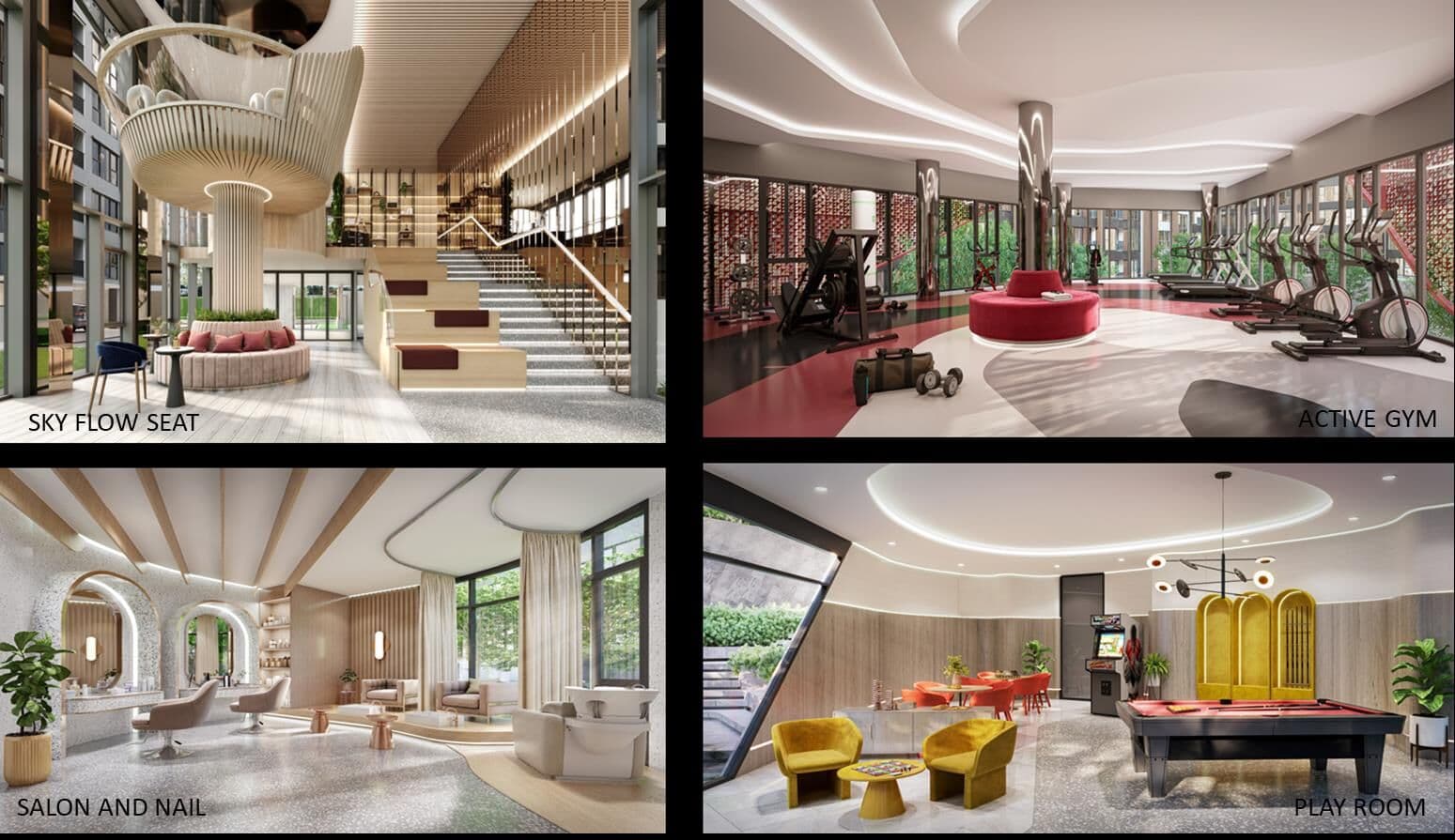 Highlight facilities at Atmoz Flow Minburi: the double-height Sky Flow Seat lounge and library, the Active Gym with treadmills around a red circular seat, the Salon and Nail spa, and the games play room with a pool table and arcade (computer-generated renders)