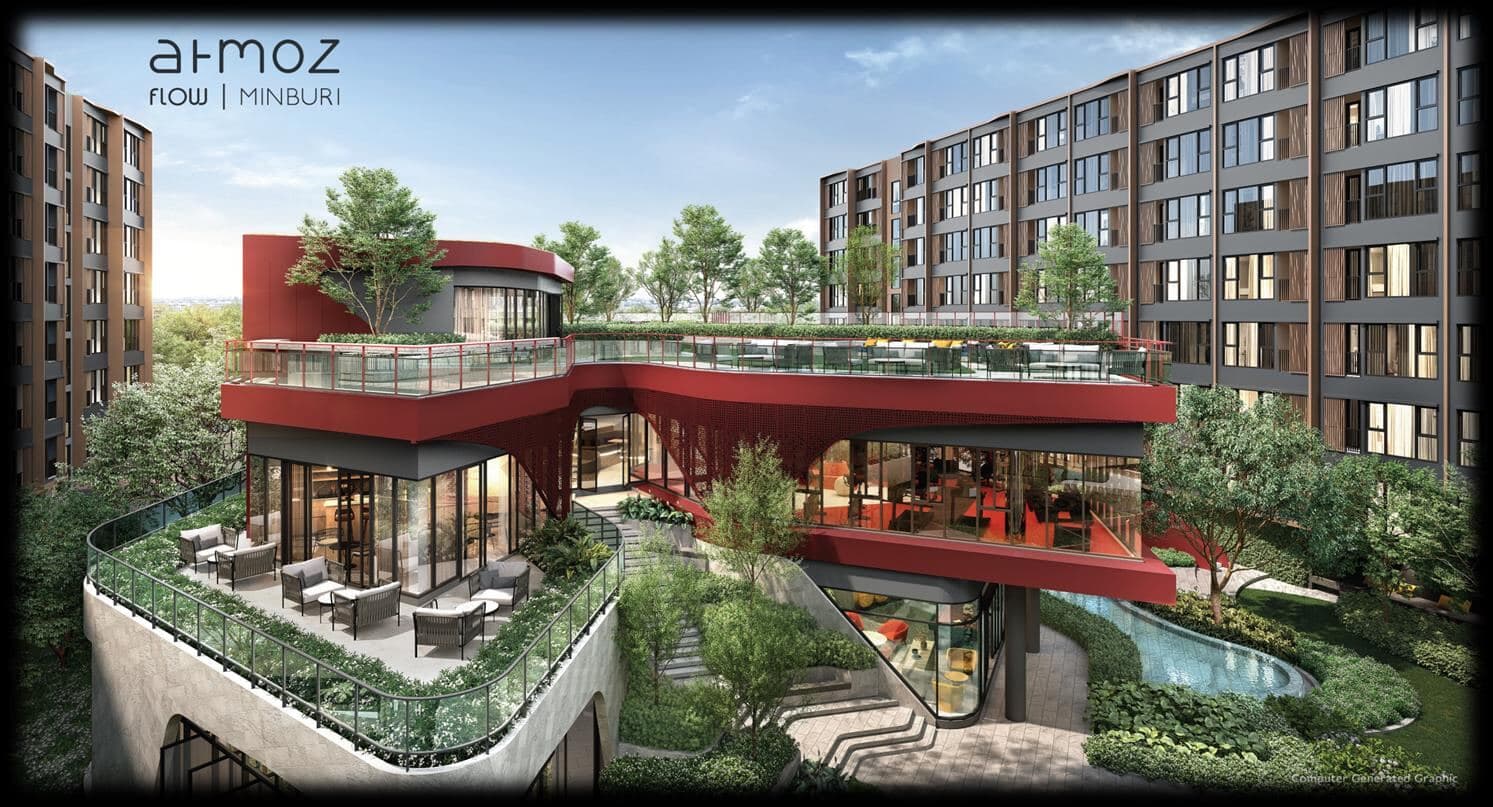 Elevated view of the Atmoz Flow Minburi clubhouse showing the planted rooftop garden terrace and outdoor lounge seating above the red-framed pavilion, set within the residential courtyard (computer-generated render)