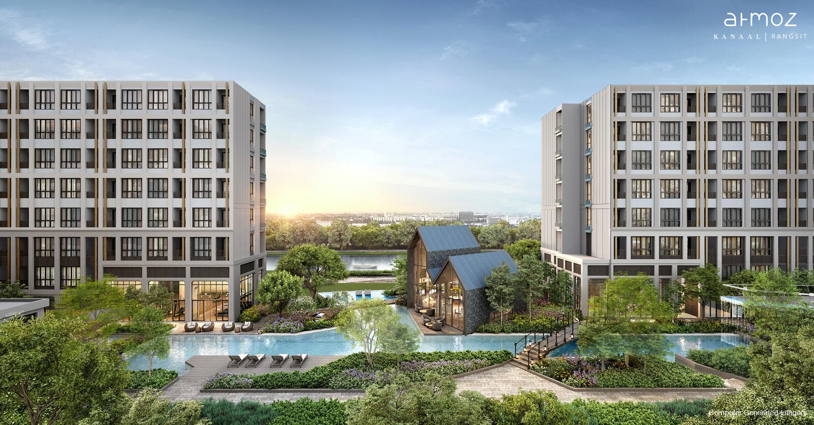 Elevated view of the Atmoz Kanaal Rangsit central courtyard, with the swimming pool, timber sun deck and the gabled glass-house pavilion framed between two facing residential wings at sunset (developer computer-generated image)