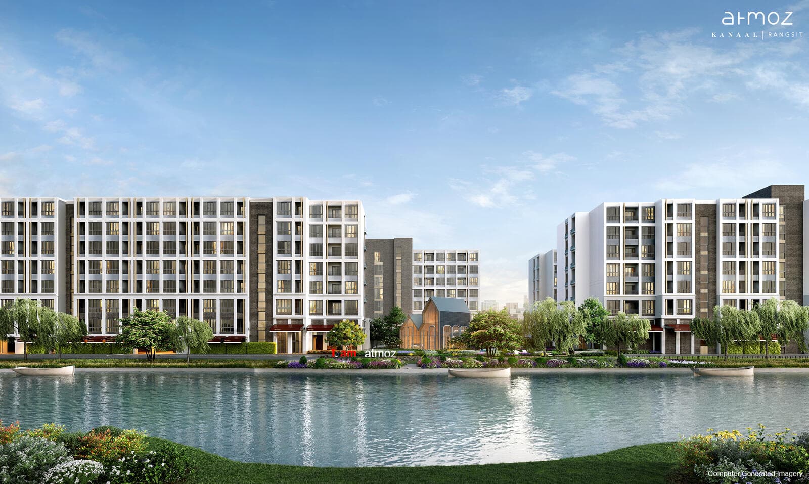 Canal-facing elevation of the low-rise residential buildings at Atmoz Kanaal Rangsit, seen across the water with willow-planted banks, moored boats and the retail shopfronts along the ground floor (developer computer-generated image)