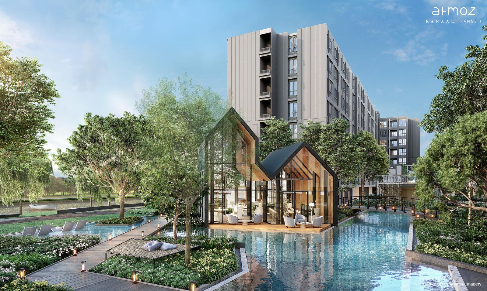 Glass-house lounge pavilion at Atmoz Kanaal Rangsit set on a timber deck over the swimming pool, with a landscaped garden and a footbridge running alongside the water (developer computer-generated image)