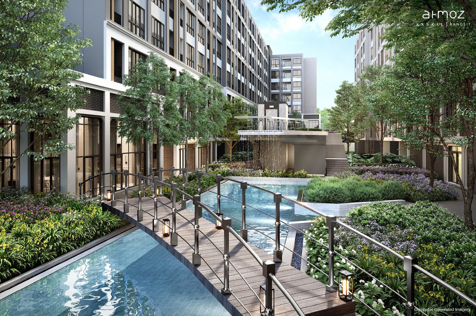 Landscaped water garden at Atmoz Kanaal Rangsit with a timber footbridge crossing the pool, flowering borders and a raised terrace with a water feature between the buildings (developer computer-generated image)