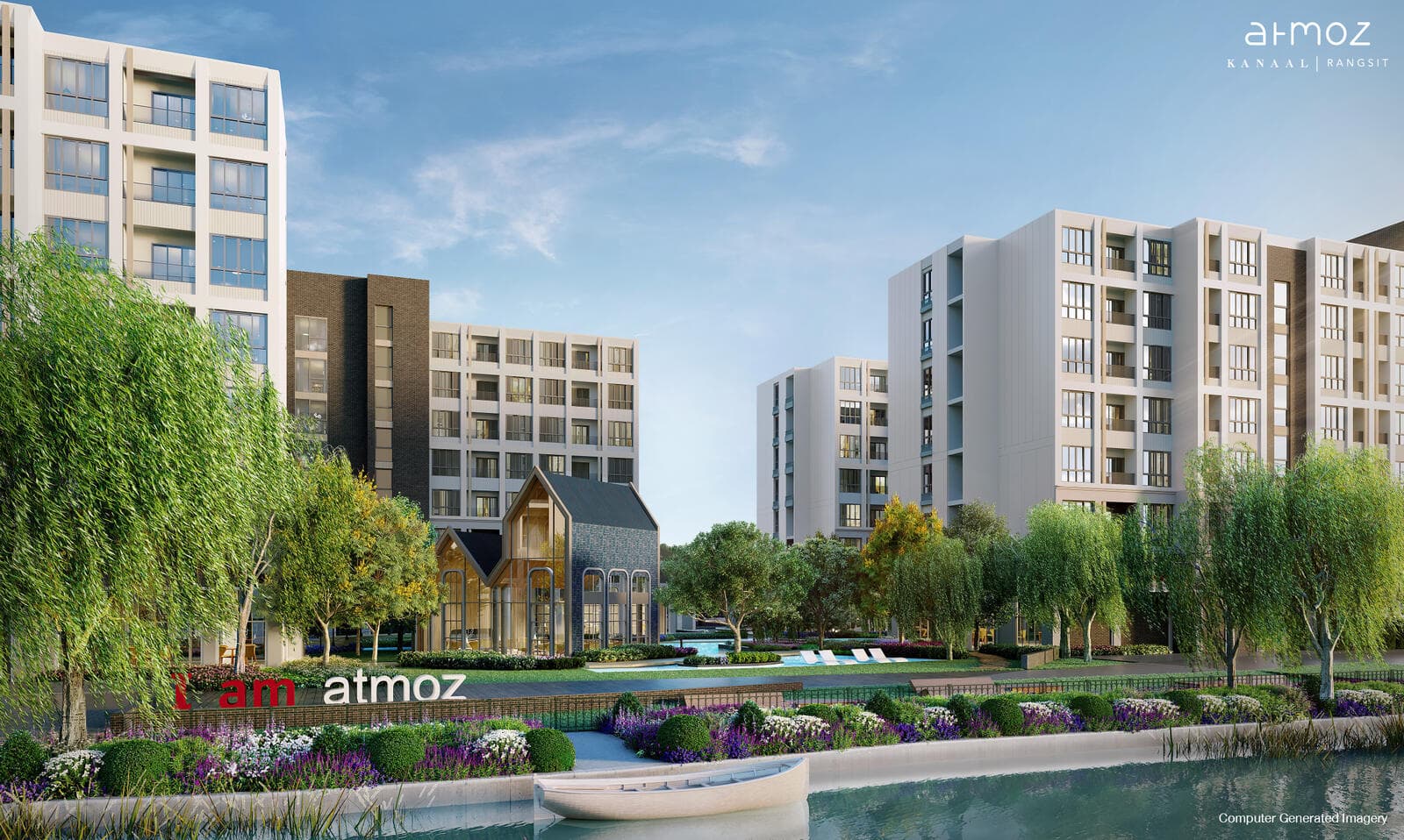 Waterfront garden at Atmoz Kanaal Rangsit seen from across the canal, showing the residential blocks, the gabled clubhouse pavilion and densely planted lawns beside the water (developer computer-generated image)