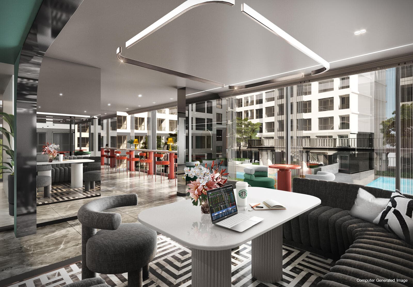 Developer render of the Atmoz Palacio co-working lounge, with banquette seating, communal work tables and a red service counter beside full-height windows onto the courtyard.