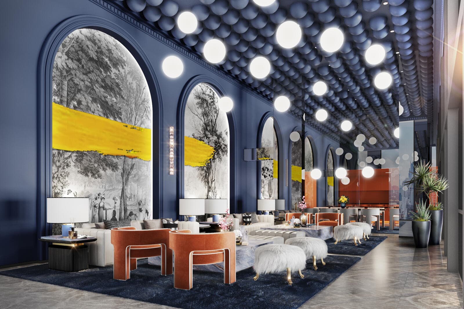 Developer render of the Atmoz Palacio residential lounge, with tall arched wall murals, a domed ceiling of globe pendant lights and navy and terracotta seating groups.