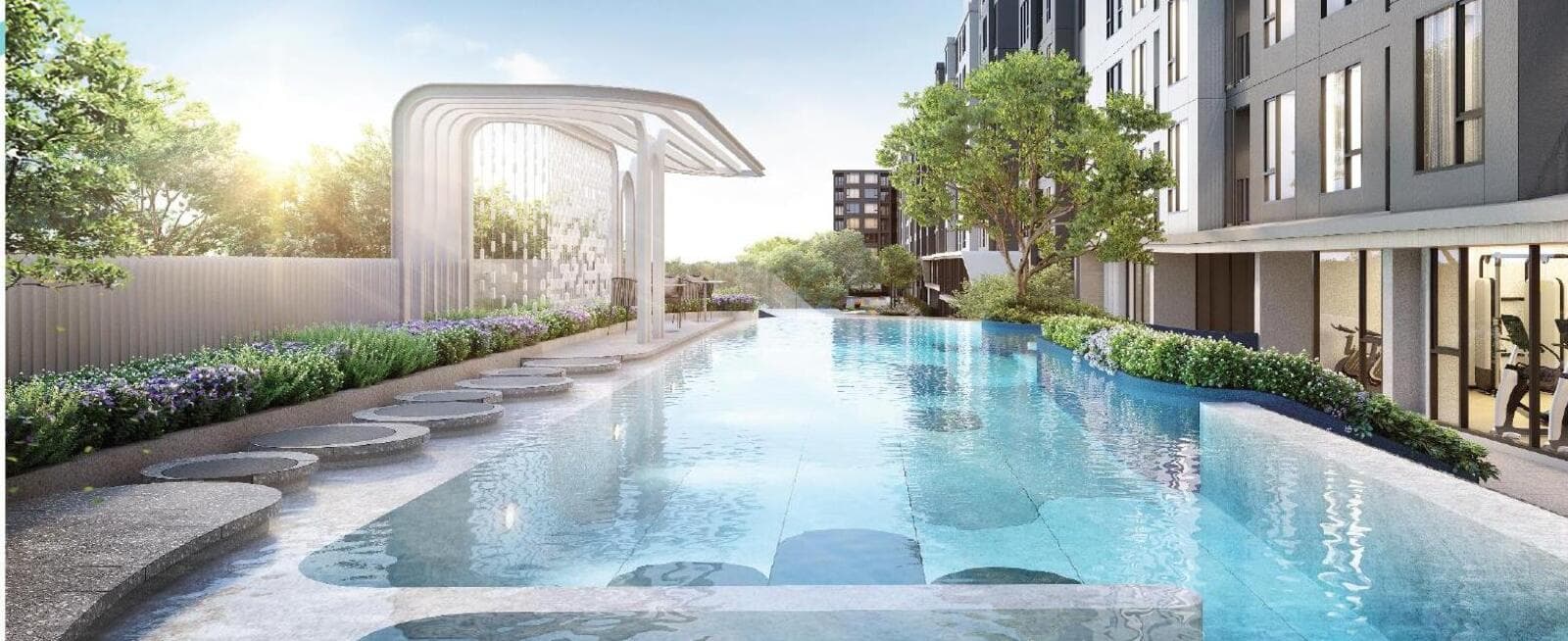 Architectural rendering of the Moonlight Pool at Atmoz Season Ladkrabang, a long outdoor swimming pool with stepping stones, planting beds and the white Stella Pavilion canopy
