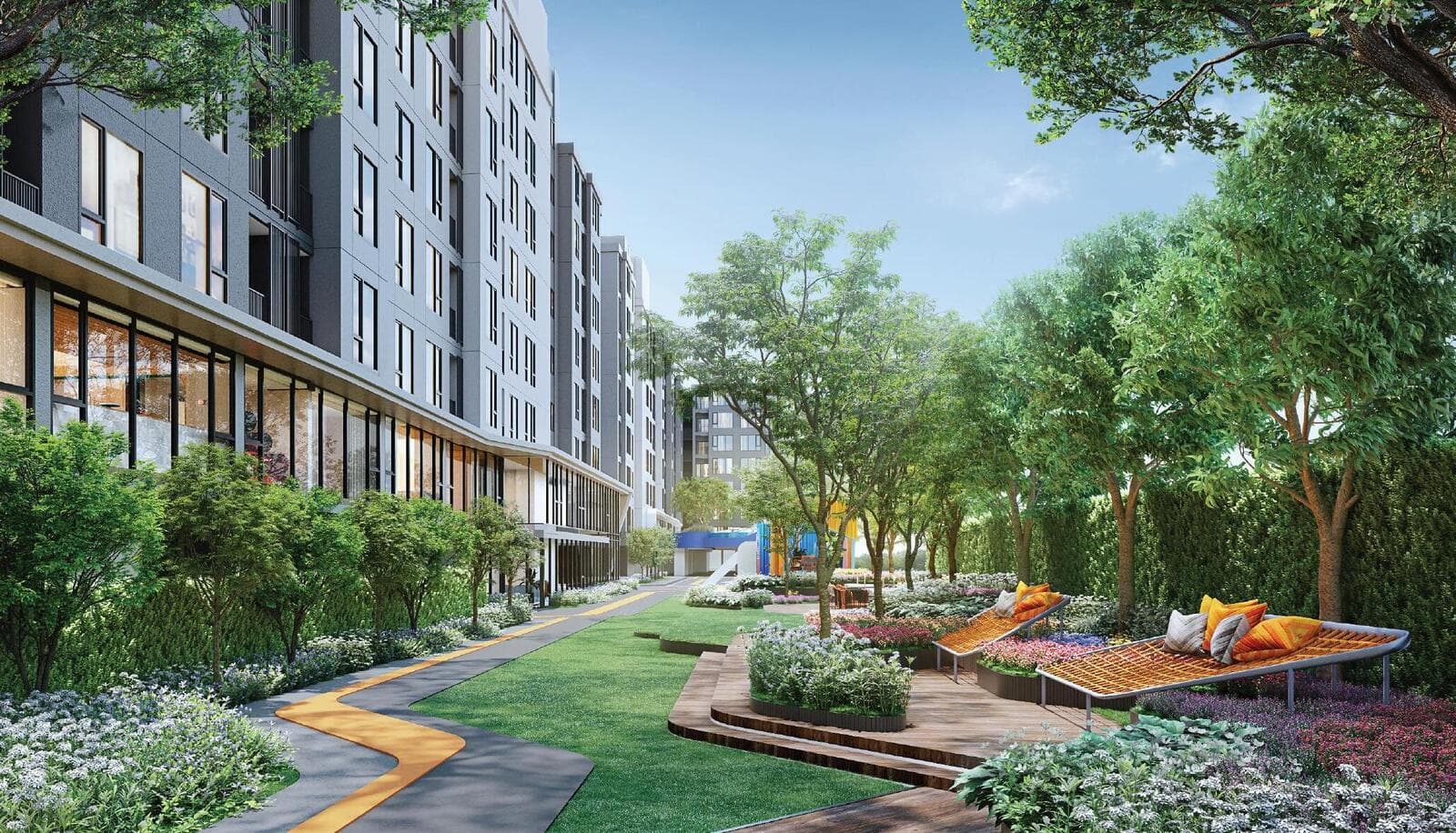 Architectural rendering of the landscaped garden courtyard between the residential buildings at Atmoz Season Ladkrabang, with a lawn, walking path, flowering beds and shaded daybeds