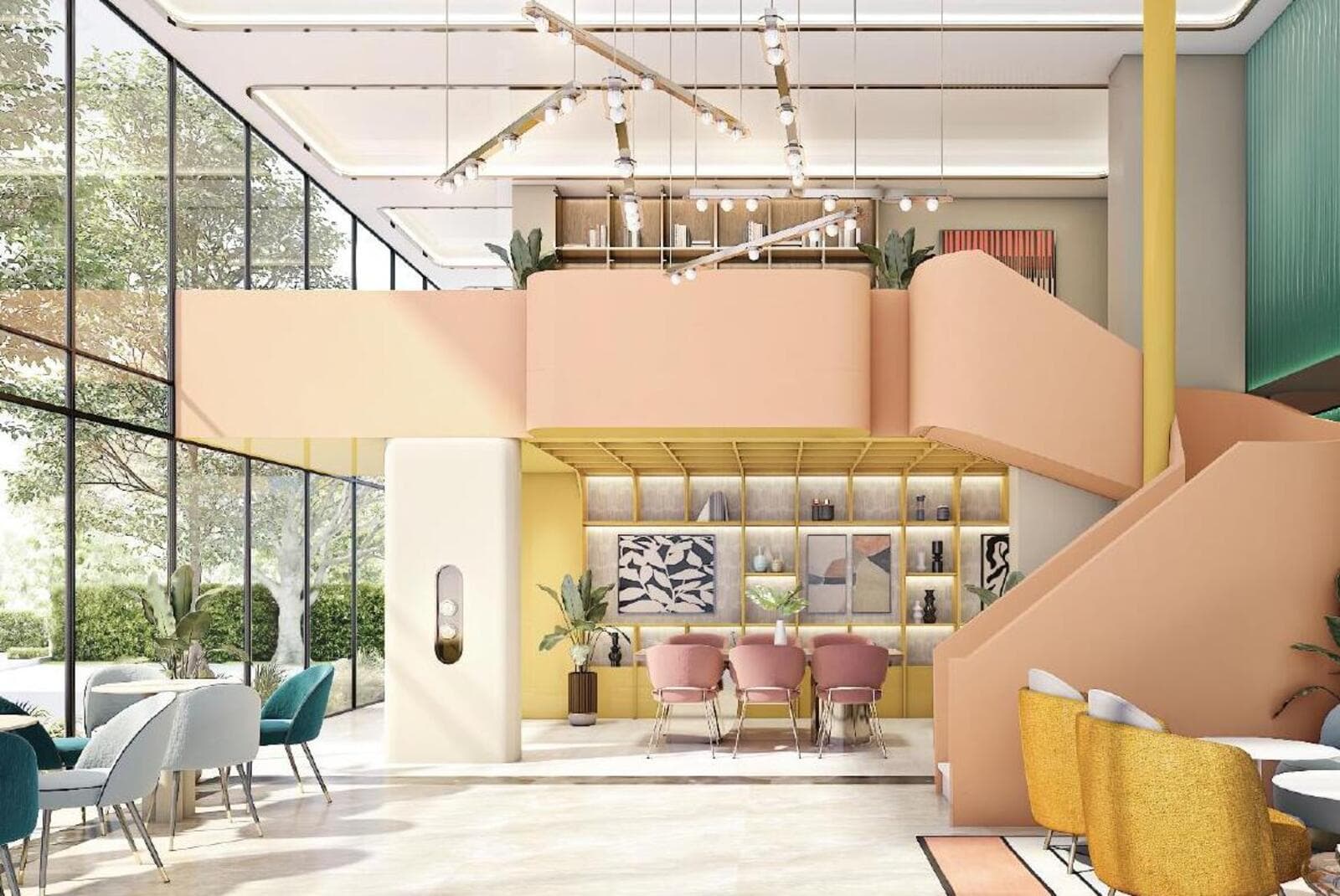 Architectural rendering of the double-height residential lobby and library lounge at Atmoz Season Ladkrabang, with full-height glazing, co-working tables and a shelved reading wall