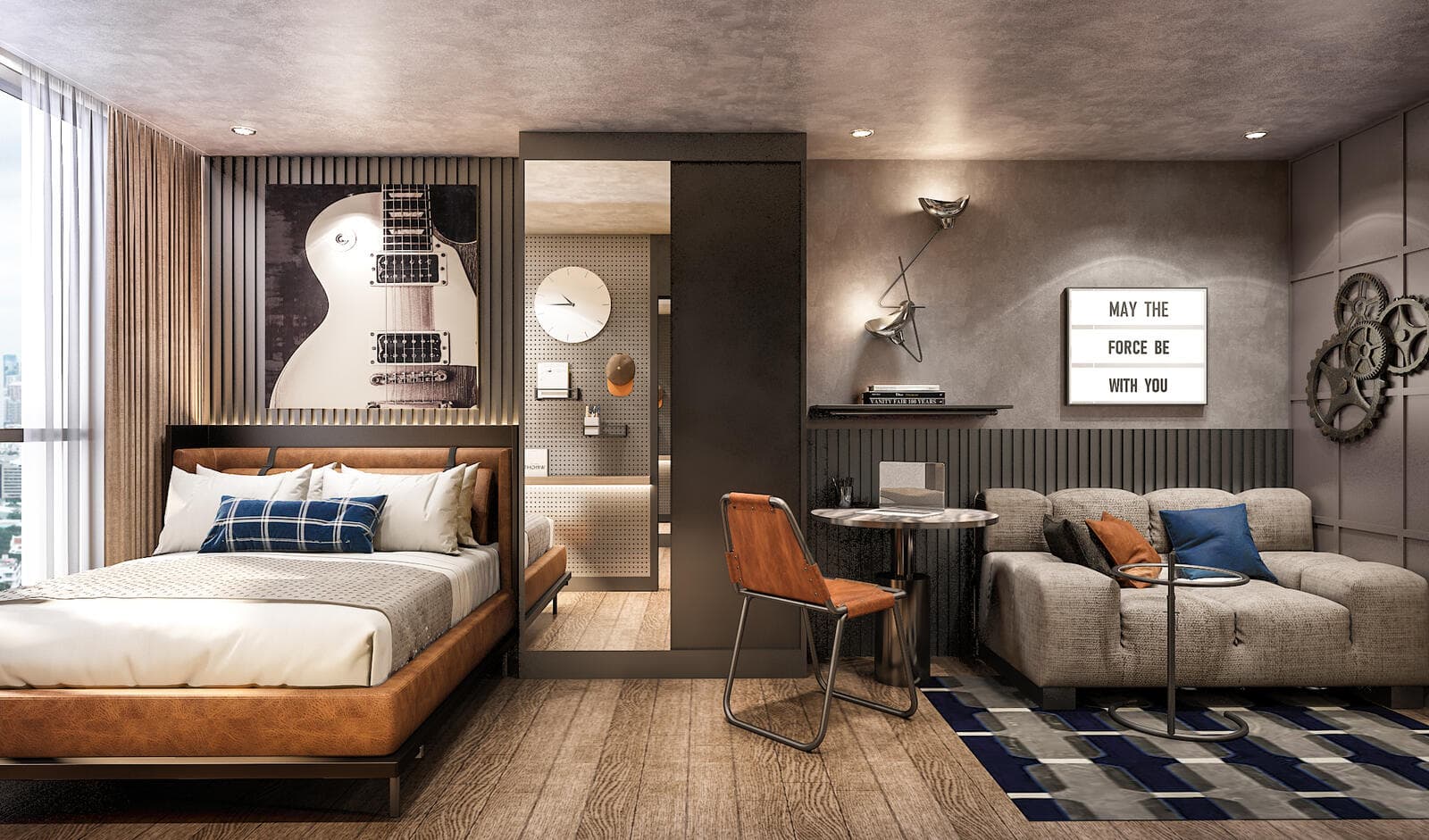 Interior rendering of a furnished one-bedroom unit at Atmoz Season Ladkrabang, with a leather-framed bed, seating area, wood flooring and floor-to-ceiling window