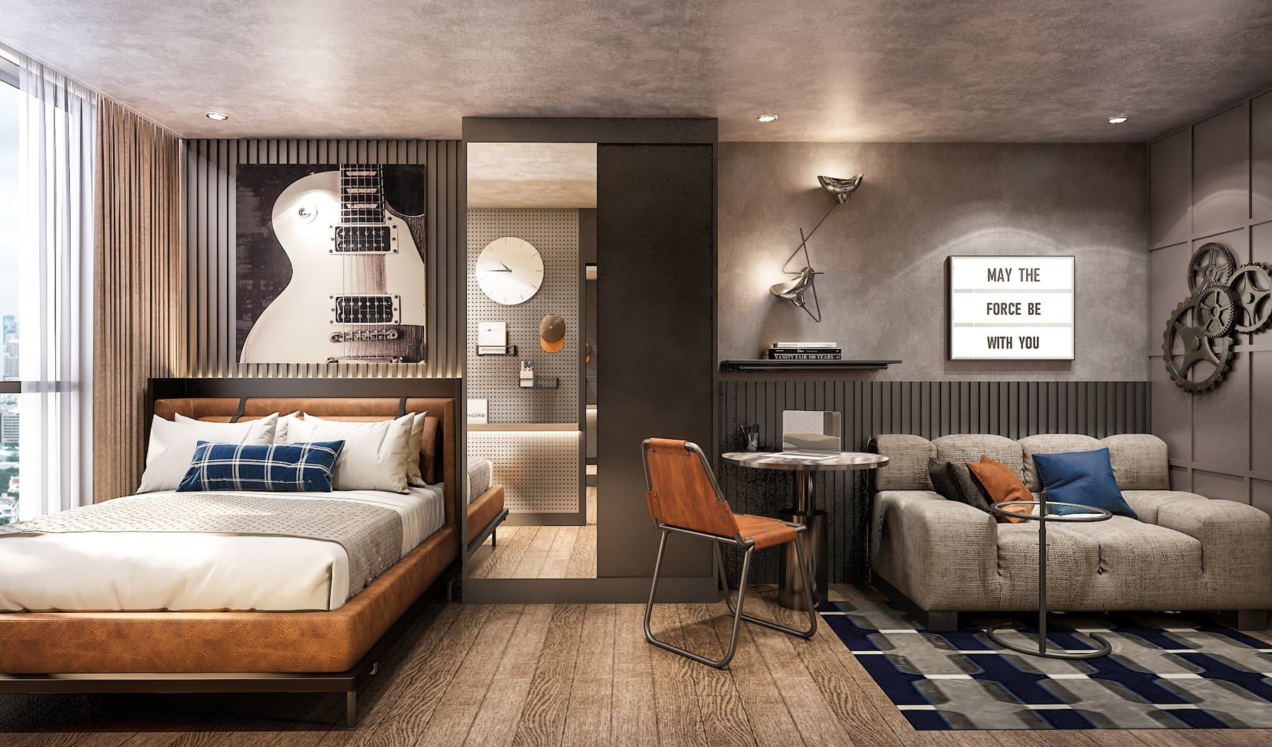 Furnished show unit at Atmoz Season Ladkrabang, with a timber-framed bed, a grey sofa and a striped rug between them