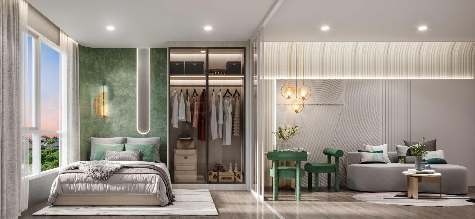 Furnished studio layout at Atmoz Serene Sriracha showing the bed against a green feature wall beside a corner window, a glass-fronted walk-in wardrobe and the adjoining living and dining area