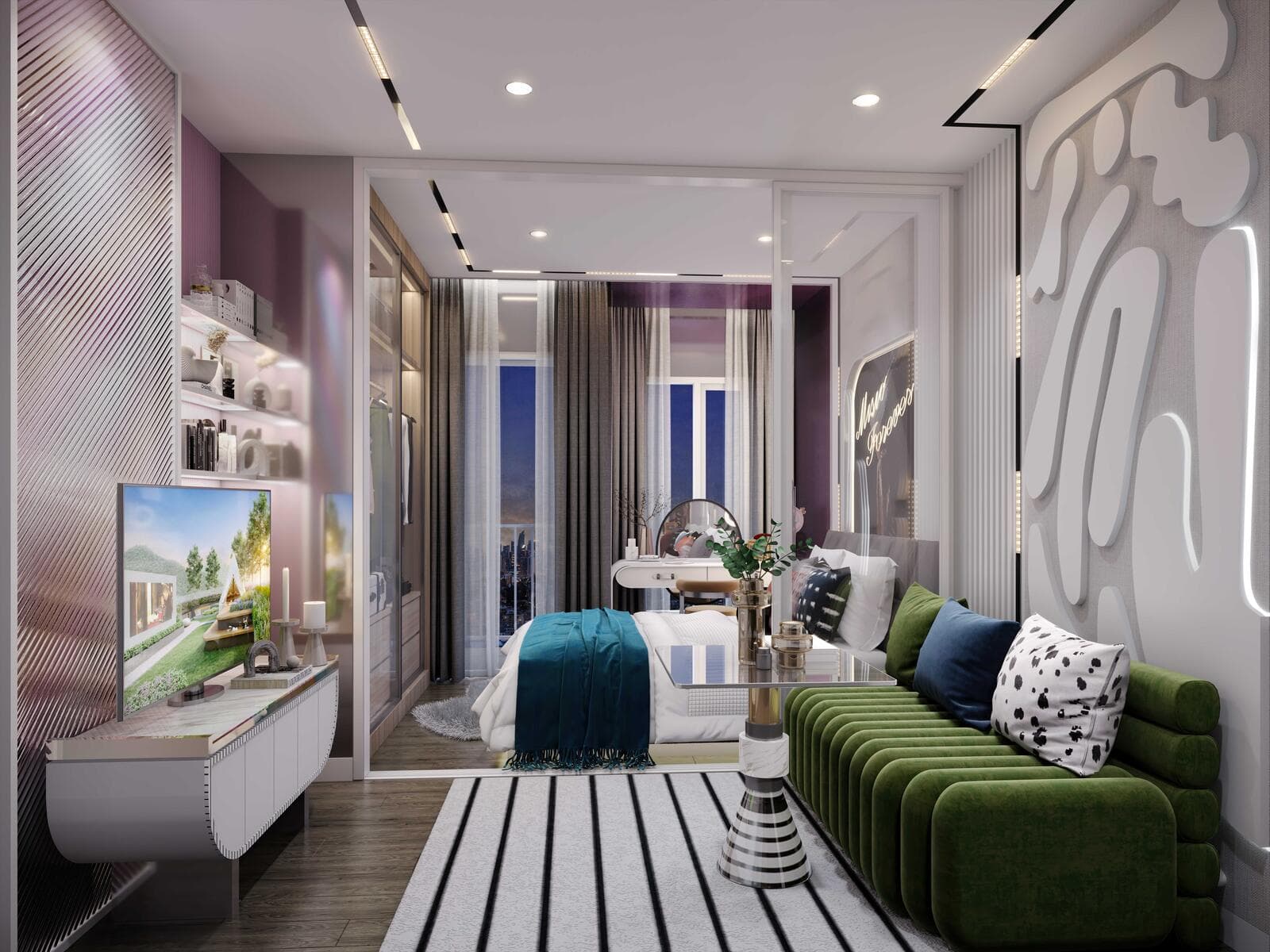 Furnished one-bedroom layout at Atmoz Serene Sriracha with a sofa and television wall in the living area and the bedroom behind a glazed partition
