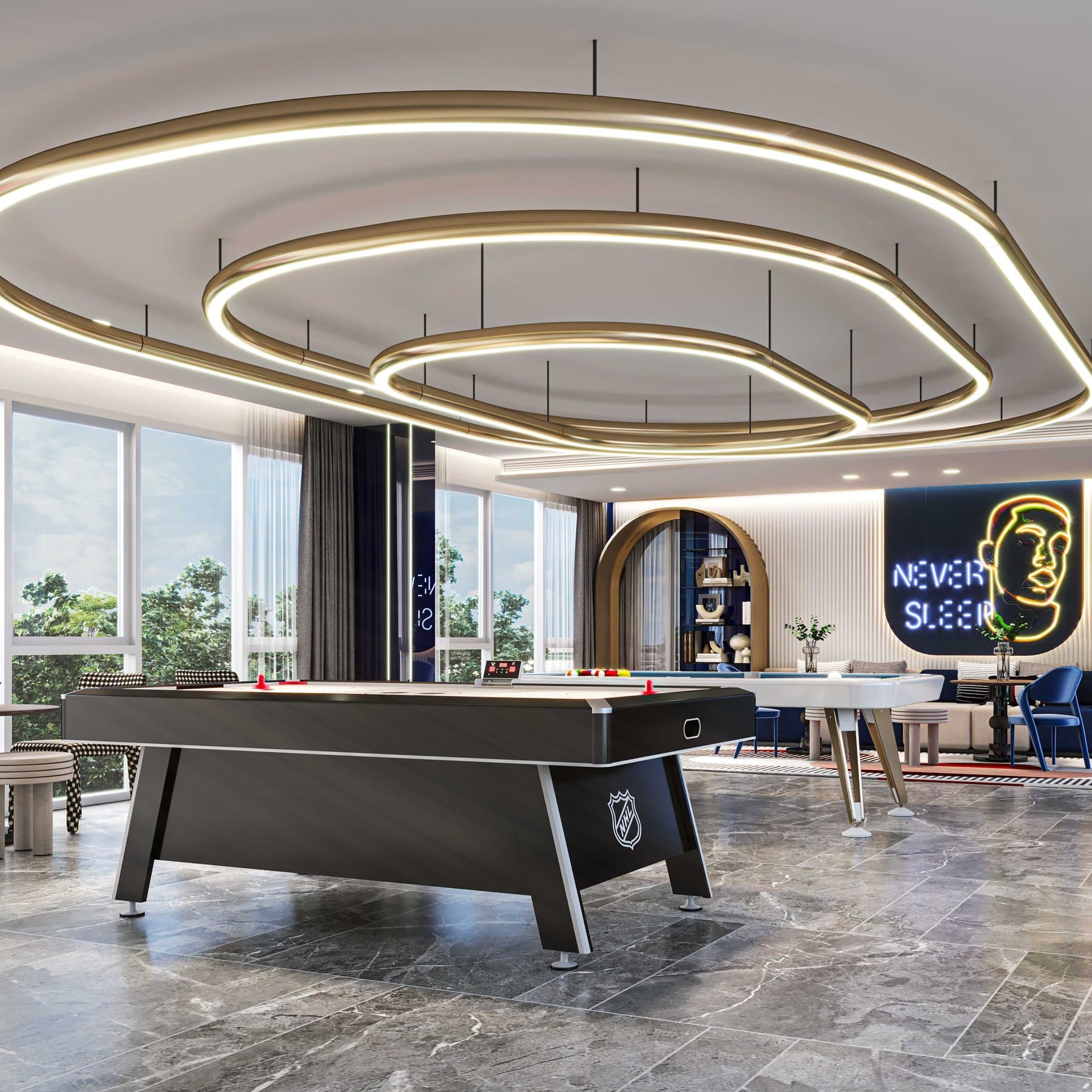 Games room at Atmoz Serene Sriracha with a pool table under ring pendant lighting, an arcade corner and full-height glazing (computer-generated render)