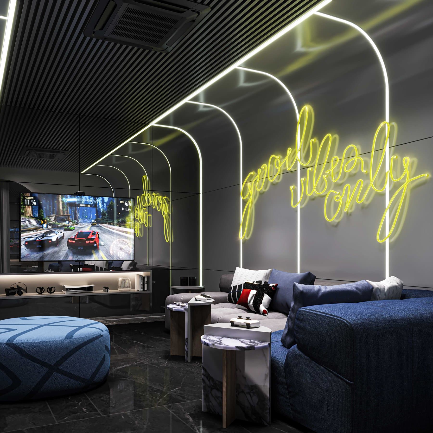 Media lounge at Atmoz Serene Sriracha with a large wall screen, neon script signage, modular seating and a slatted dark ceiling (computer-generated render)