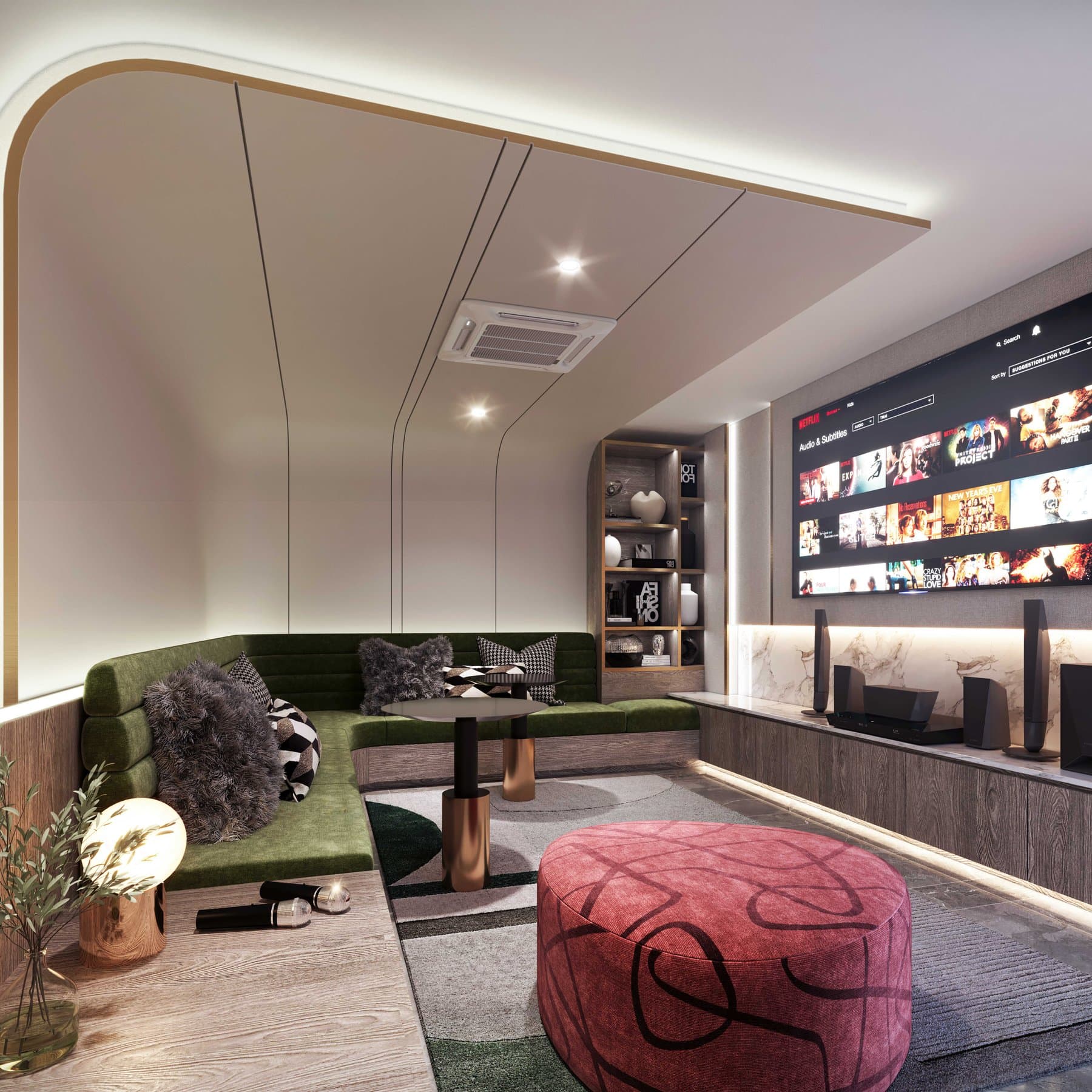 Screening lounge at Atmoz Serene Sriracha with a curved green banquette, round poufs and a backlit display wall (computer-generated render)