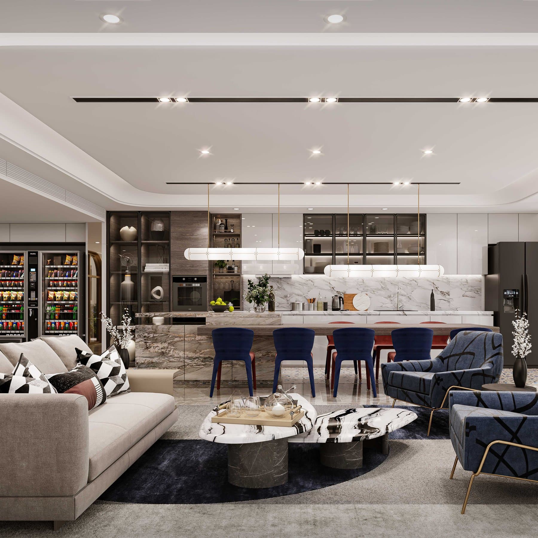 Social lounge and pantry bar at Atmoz Serene Sriracha, with a marble island, bar stools, display refrigerators and deep sofas (computer-generated render)