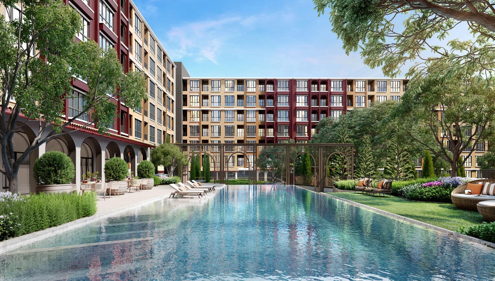 Main swimming pool with sun loungers and an arcaded terrace along the low-rise residential blocks (developer render)