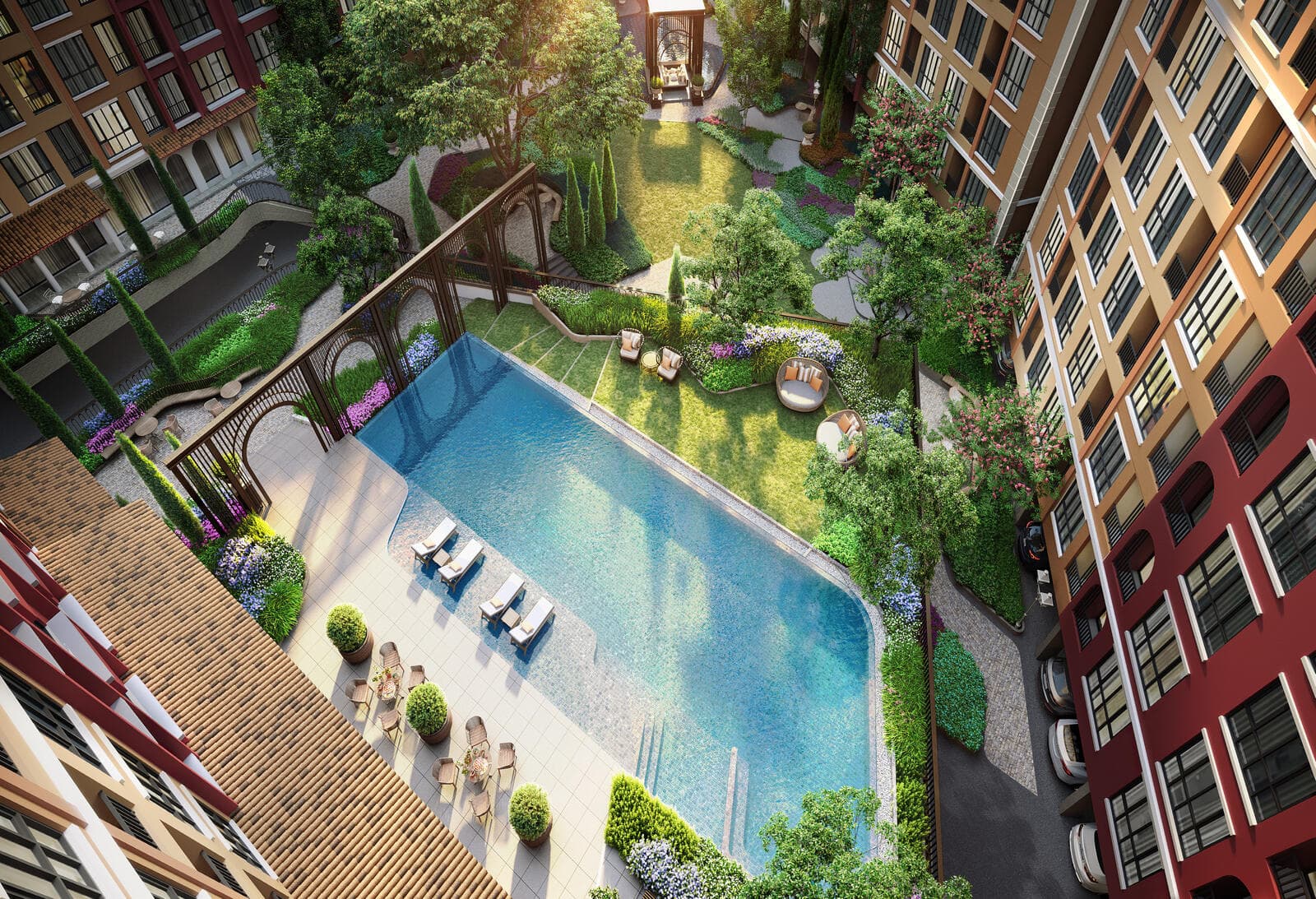 Aerial view of the pool deck and landscaped garden courtyard between the condominium wings (developer render)