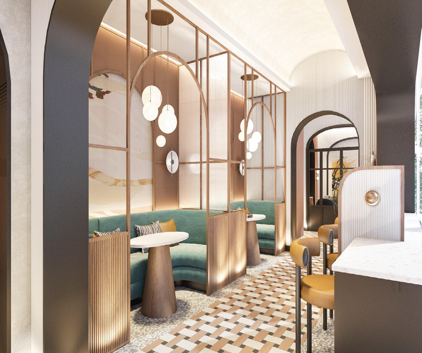Residents' lounge and co-working cafe with arched screens, banquette seating and patterned tile flooring (developer render)