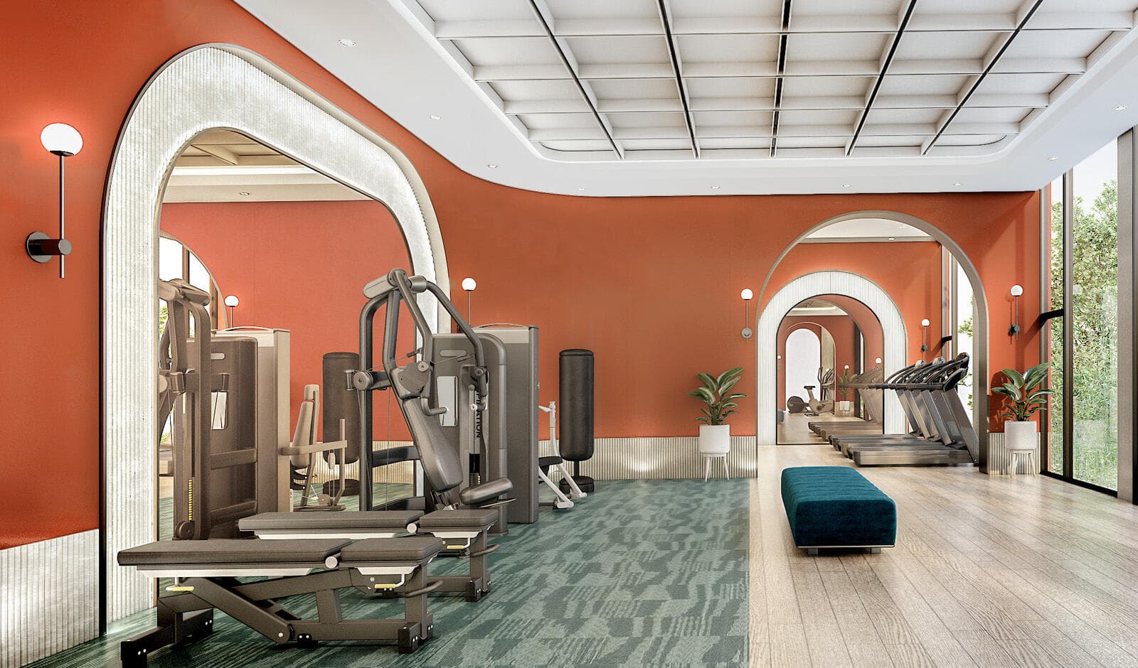Fitness room with weight machines, treadmills and arched terracotta-toned walls opening to garden windows (developer render)