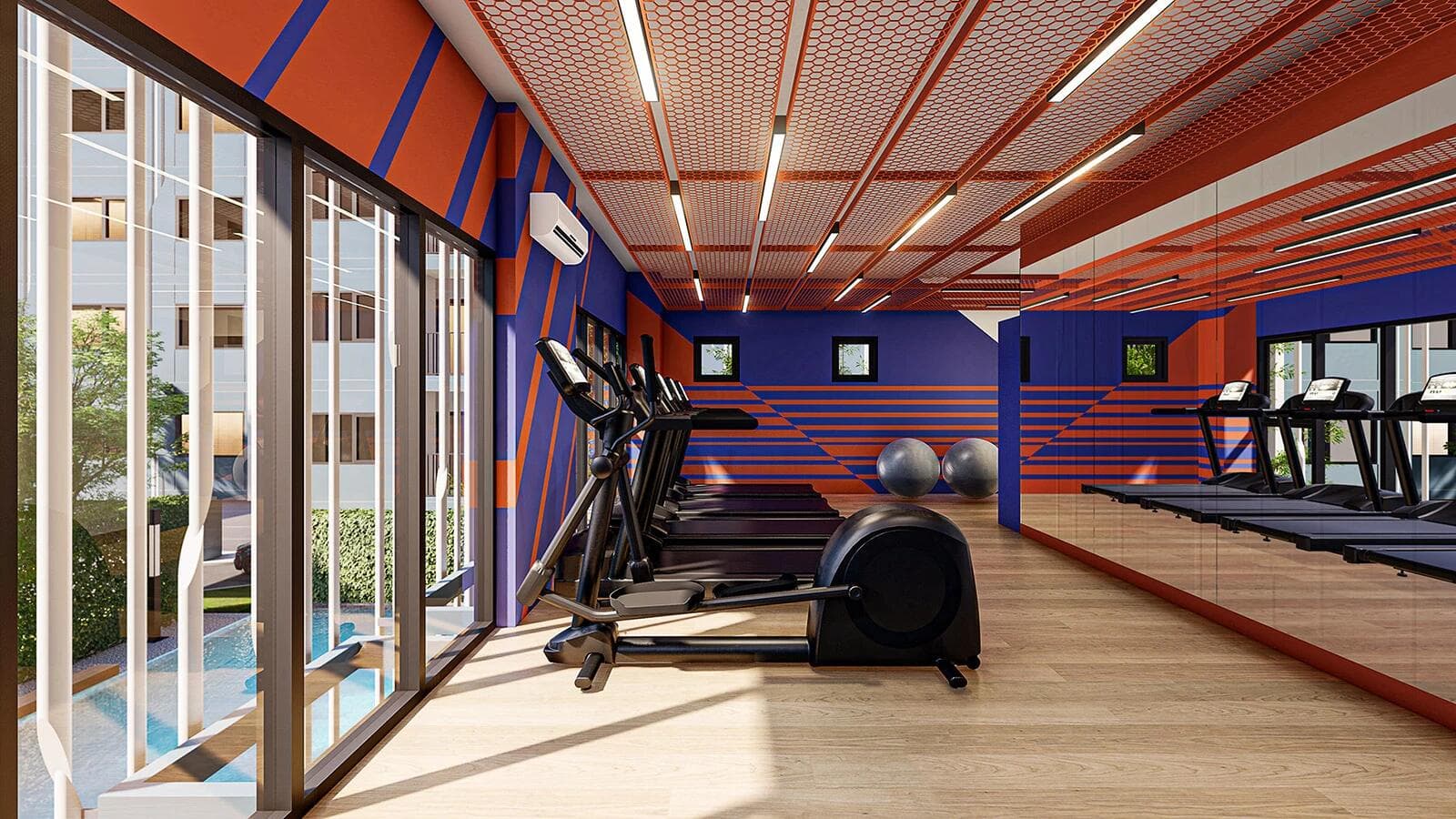 Developer render of the fitness room with treadmills, cross trainers and a mirrored wall, facing full-height windows over the pool garden.