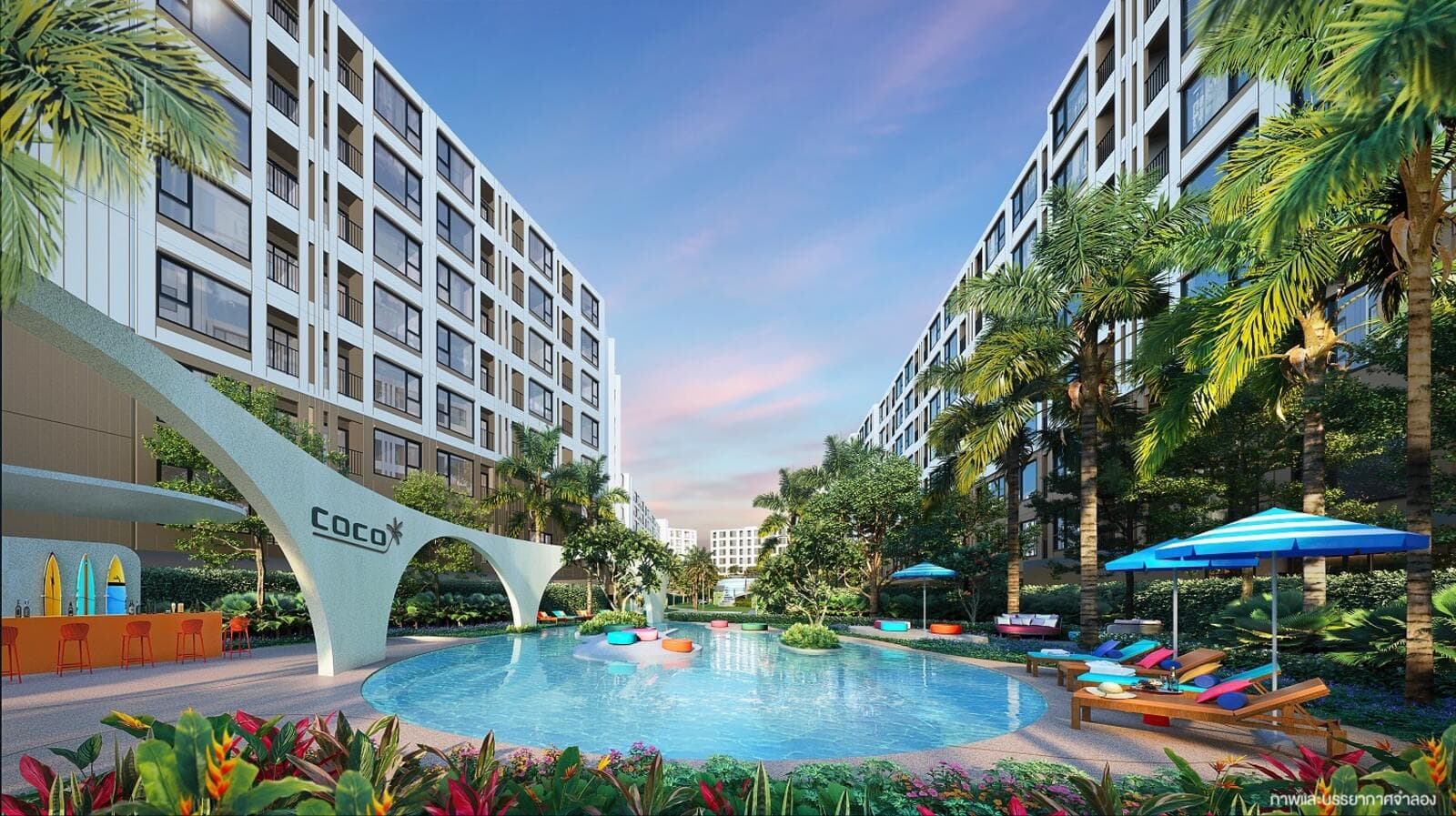 Developer render of the resort pool at dusk beneath the concrete COCO arch, with sun loungers, umbrellas and palm planting.
